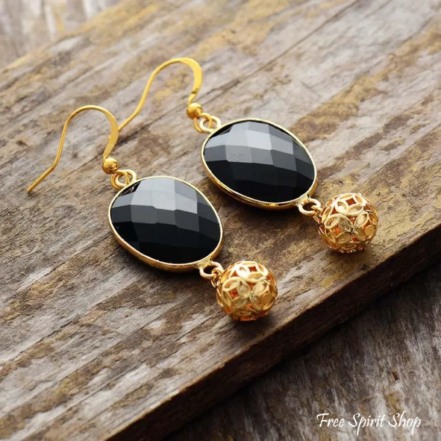 Black Onyx & Golden Flower Ball Drop Earrings