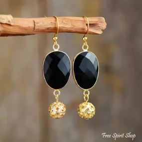 Black Onyx & Golden Flower Ball Drop Earrings