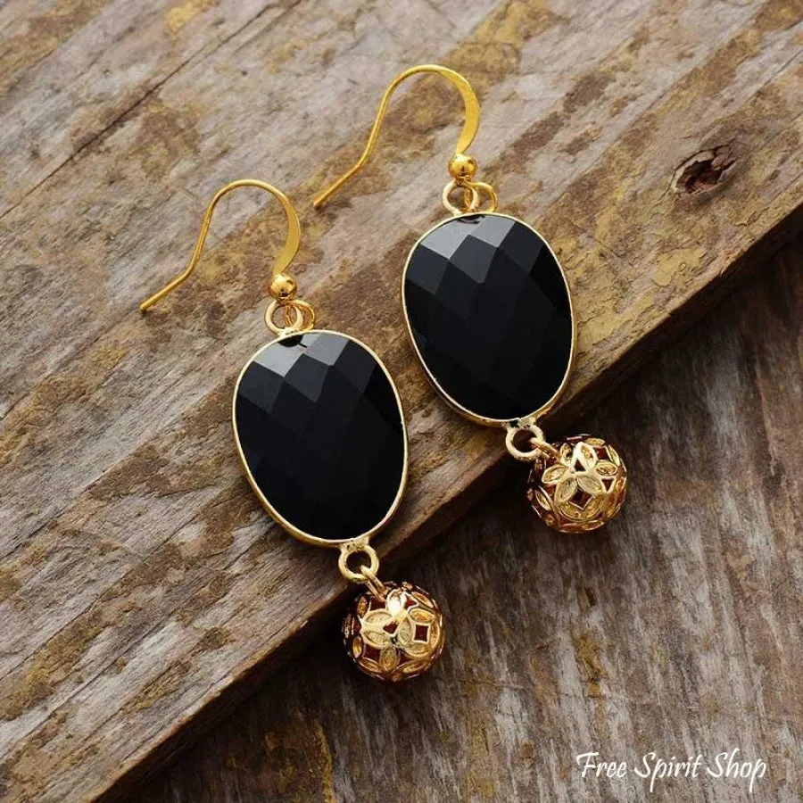 Black Onyx & Golden Flower Ball Drop Earrings