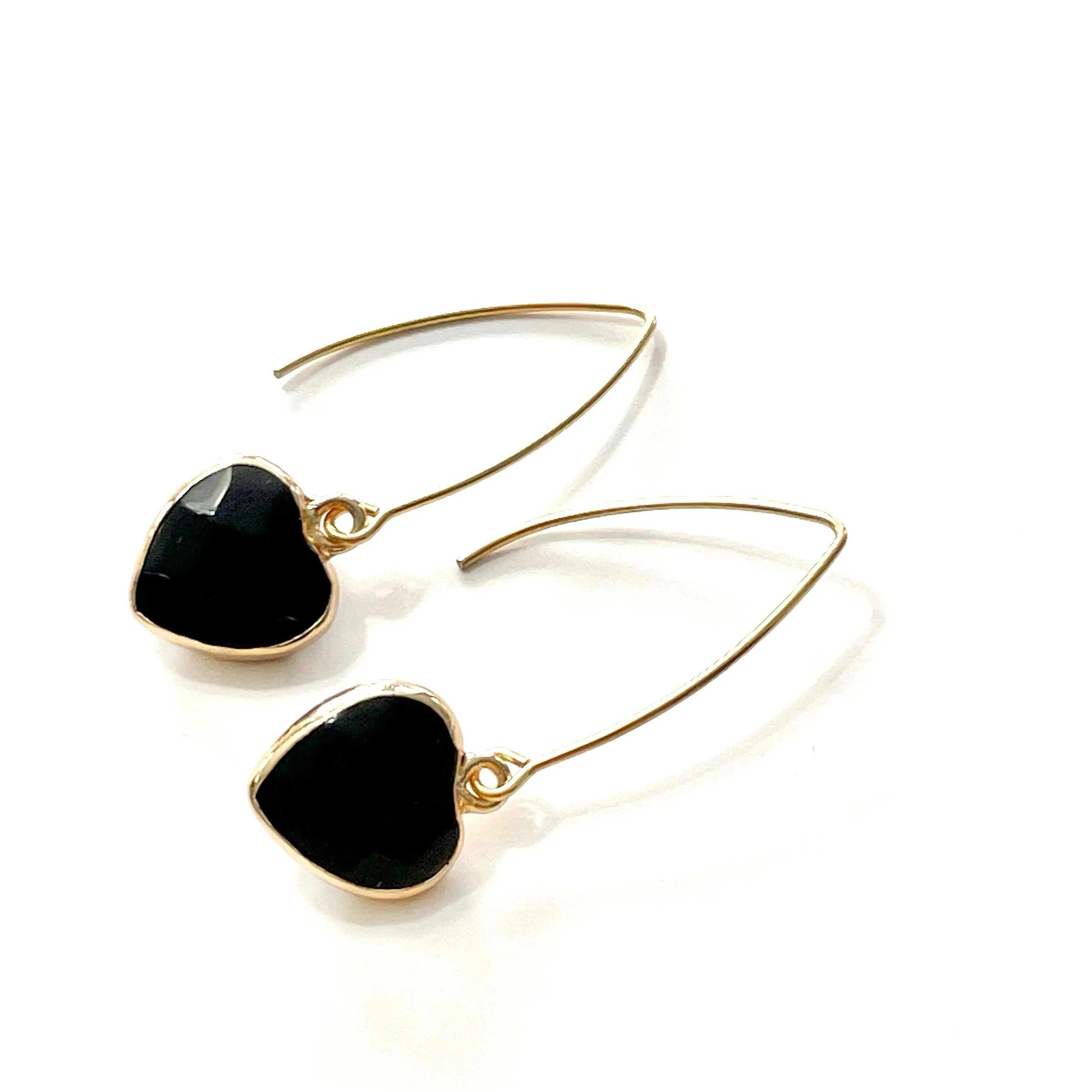 Black Onyx Faceted Heart Gold Earrings