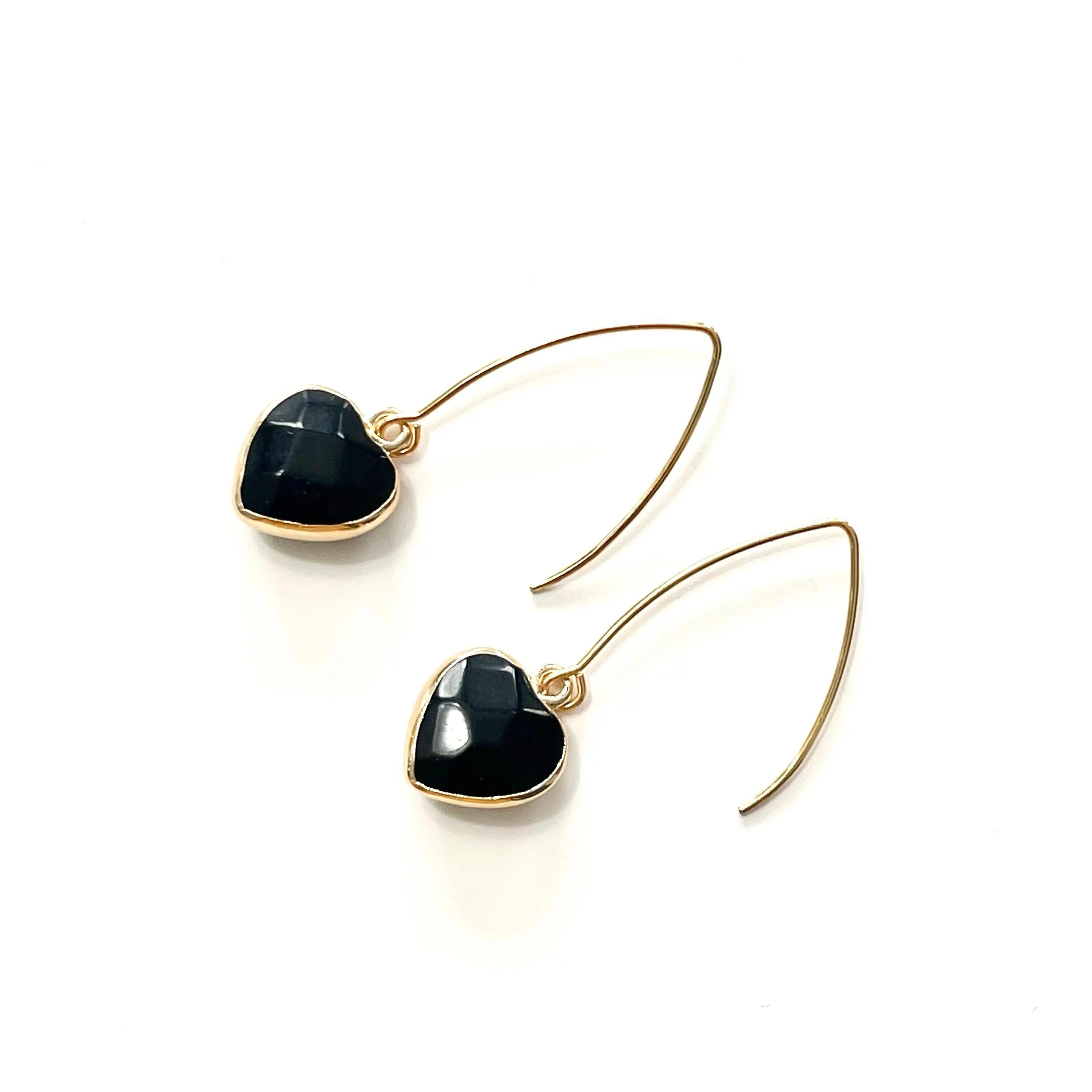 Black Onyx Faceted Heart Gold Earrings