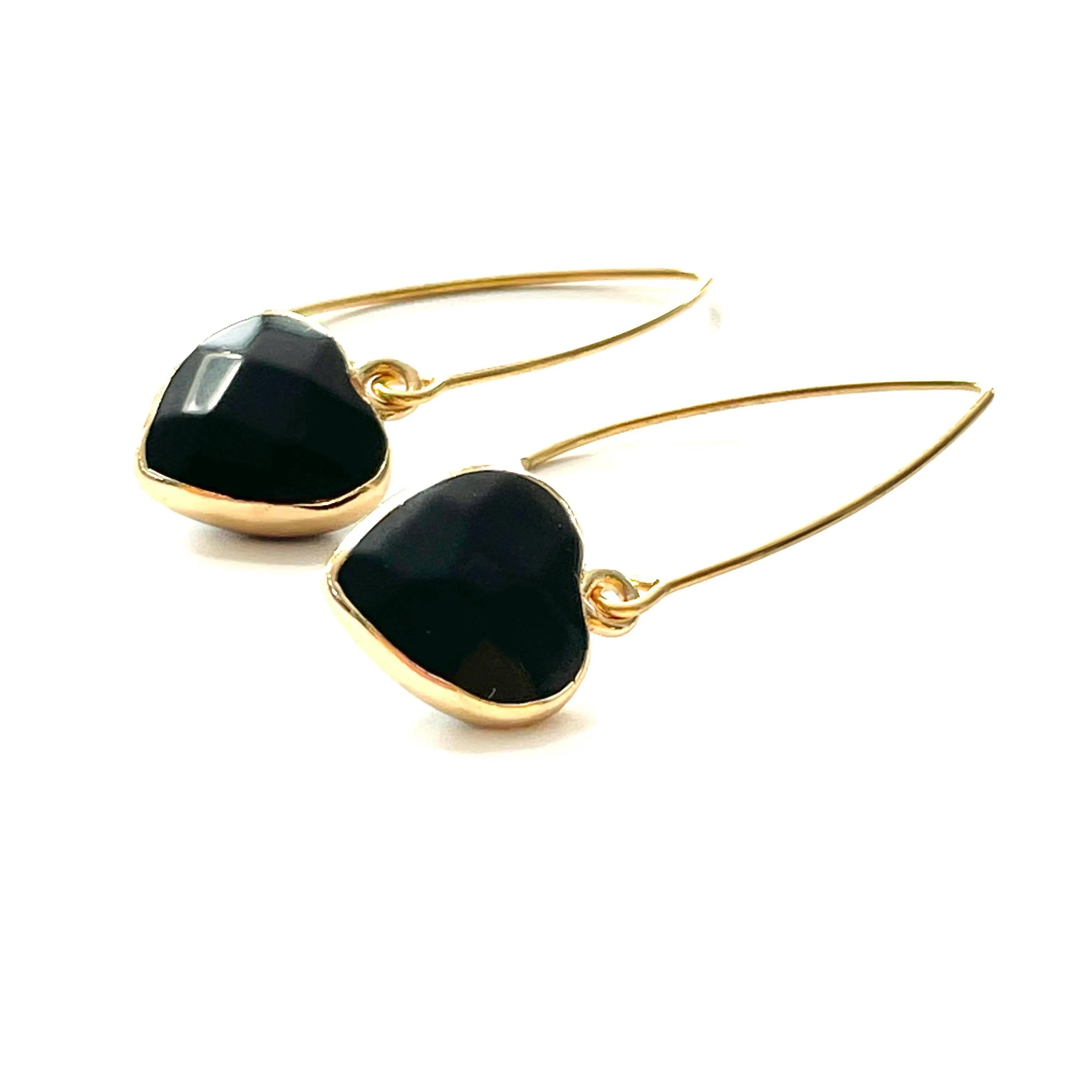 Black Onyx Faceted Heart Gold Earrings