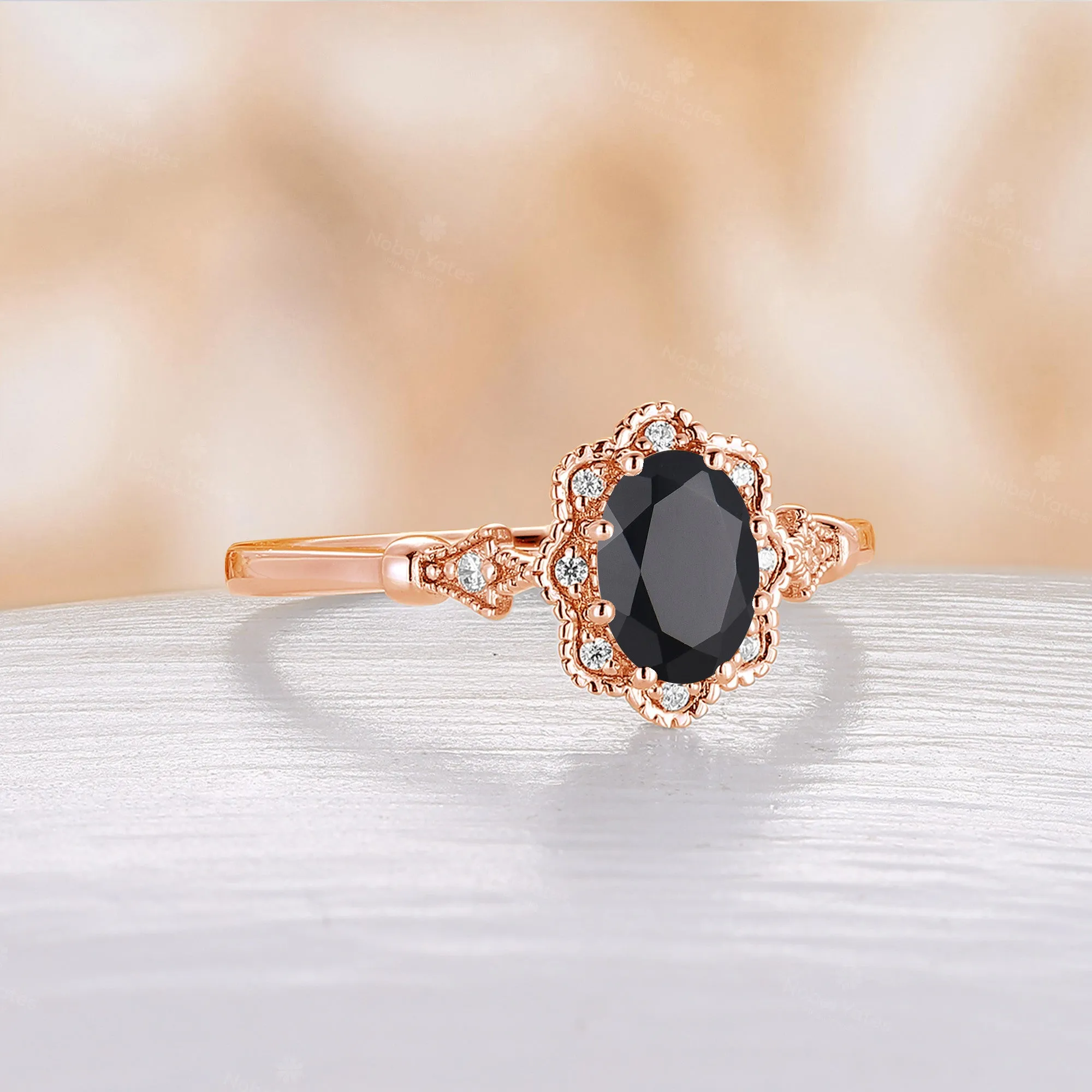 Black Onyx Vintage Oval Cut Foral Milgrain Engagement Ring Rose Gold