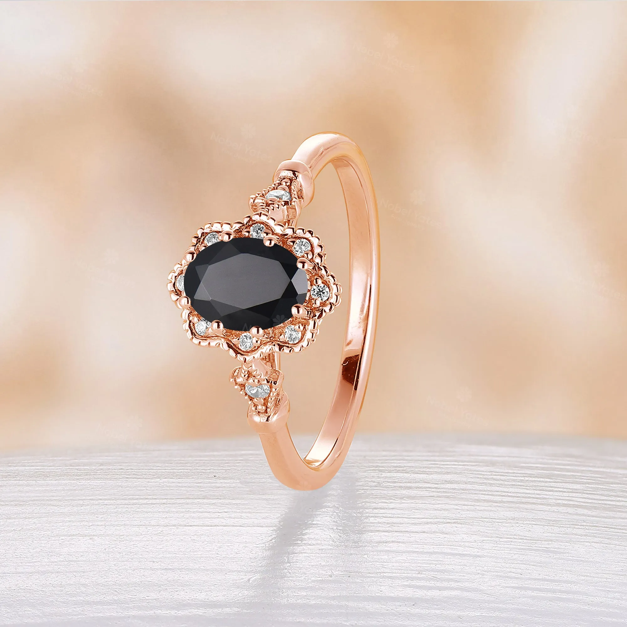 Black Onyx Vintage Oval Cut Foral Milgrain Engagement Ring Rose Gold