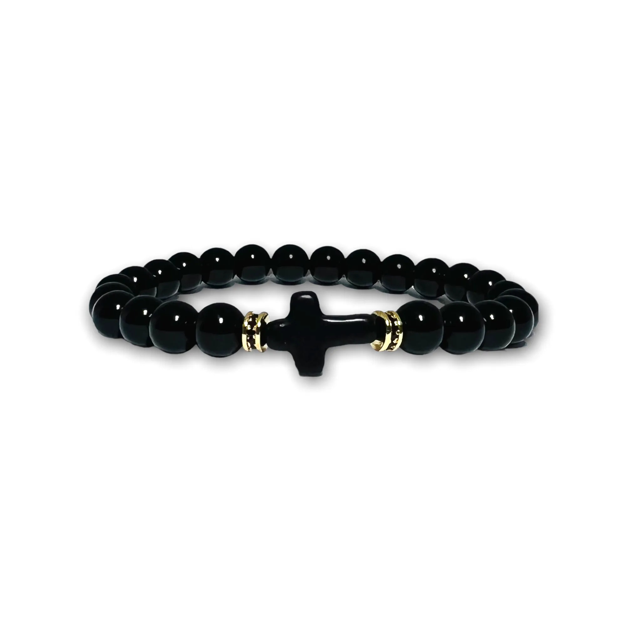 Black Polished Onyx Stone Bracelet with Gold, Black Zirconia and Black Onyx Cross