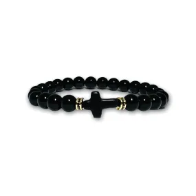 Black Polished Onyx Stone Bracelet with Gold, Black Zirconia and Black Onyx Cross