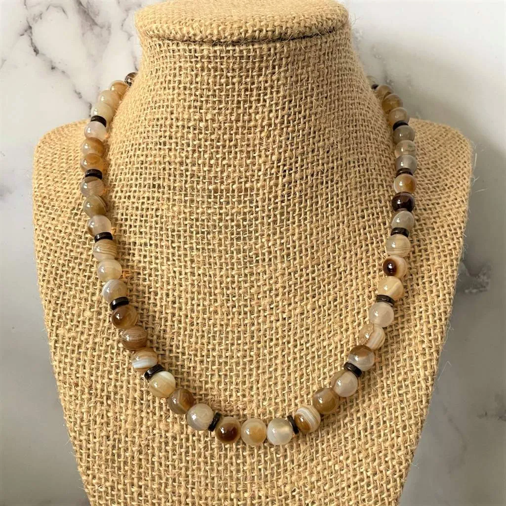 Brown Onyx and Wood Mens Beaded Necklace