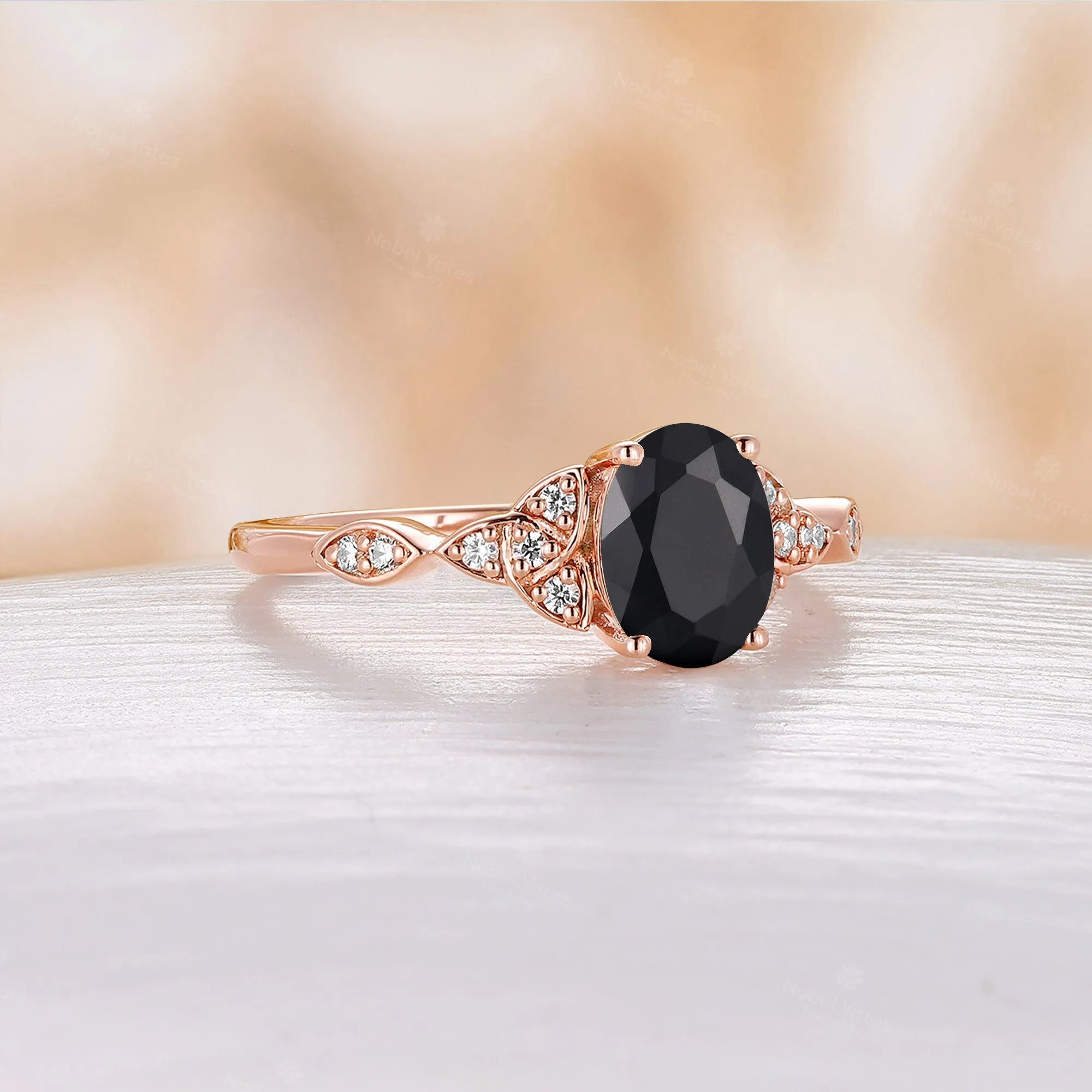 Celtic Black Onyx Engagement Ring Oval Shape Rose Gold Band