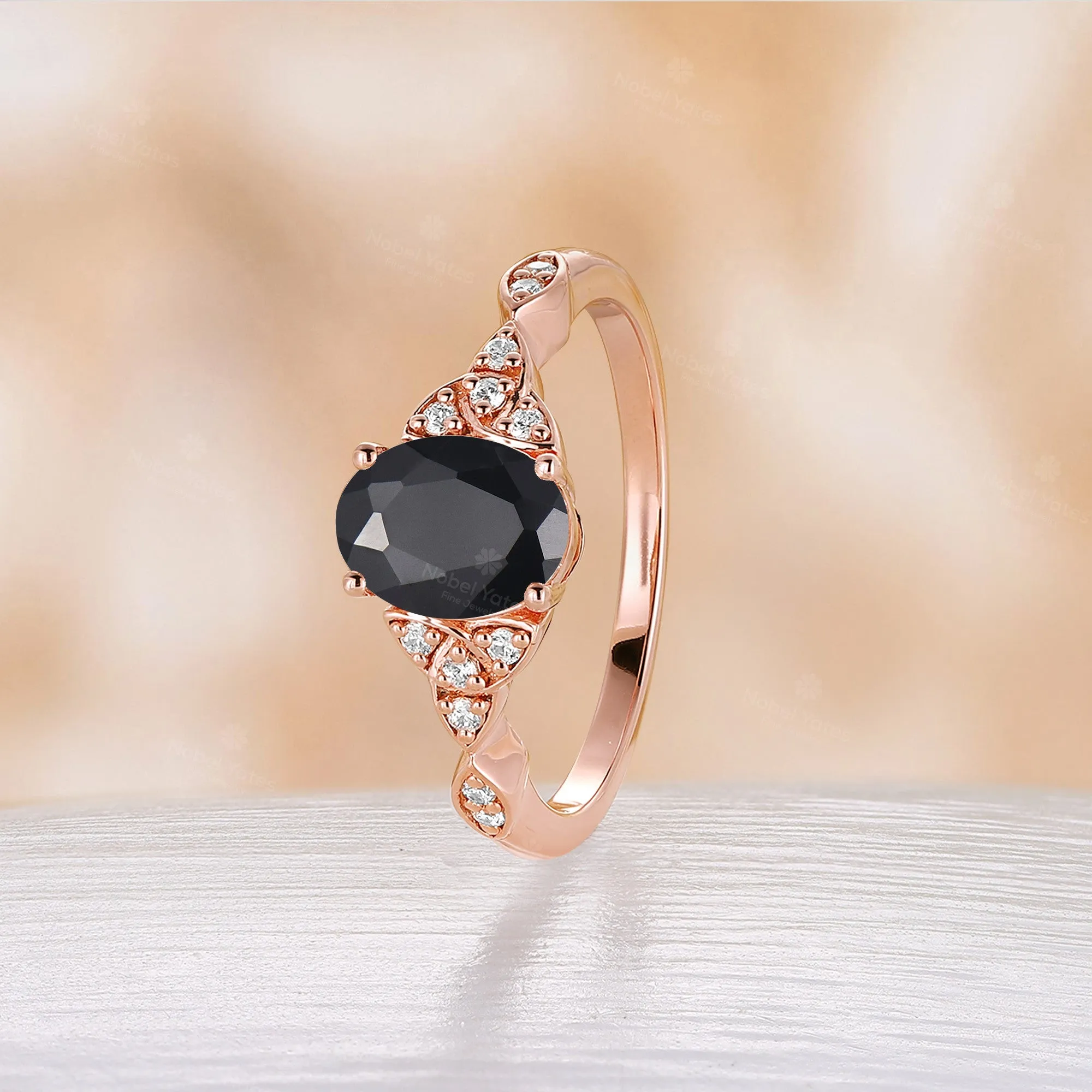 Celtic Black Onyx Engagement Ring Oval Shape Rose Gold Band