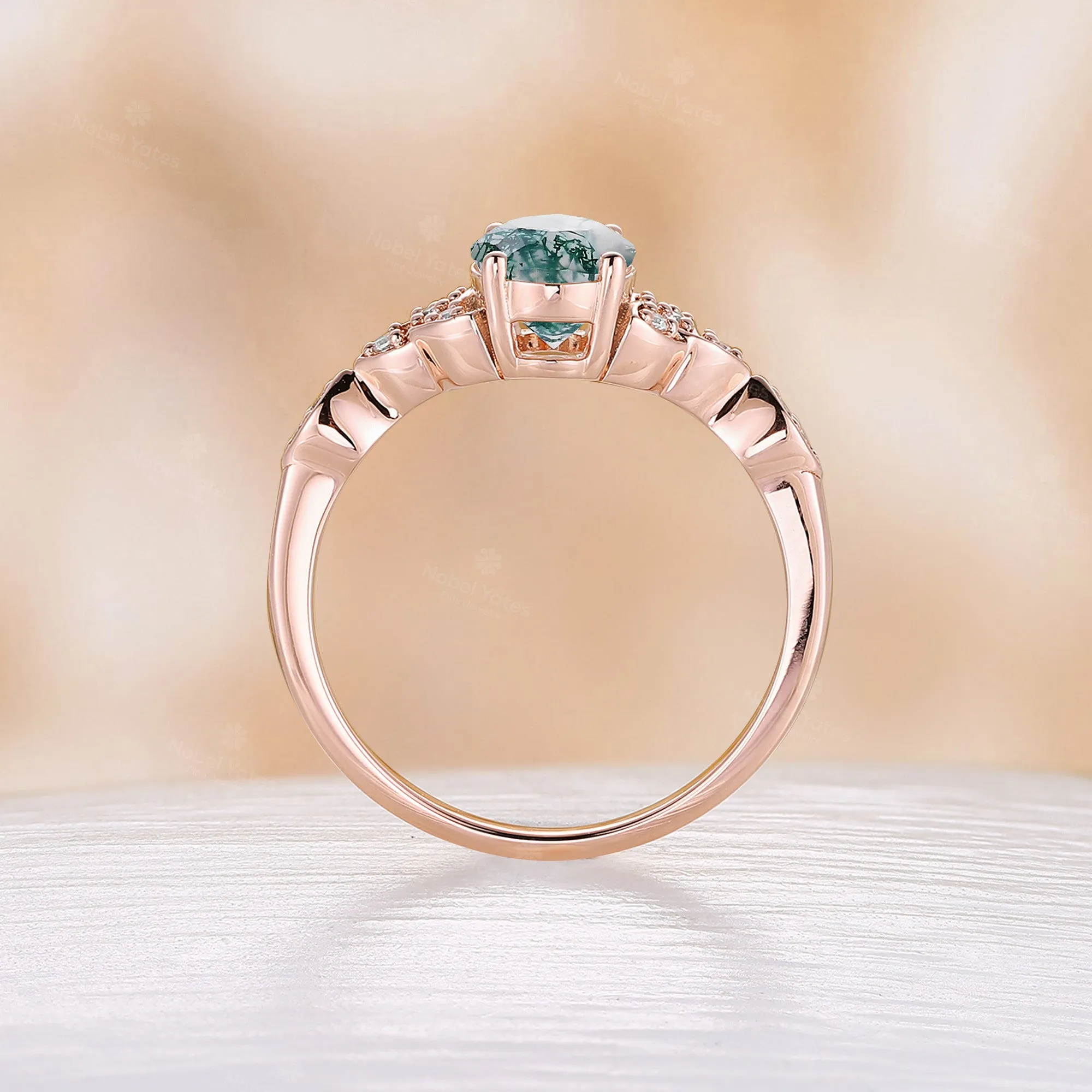 Celtic Style Moss Agate Engagement Ring Oval Shape Rose Gold Band