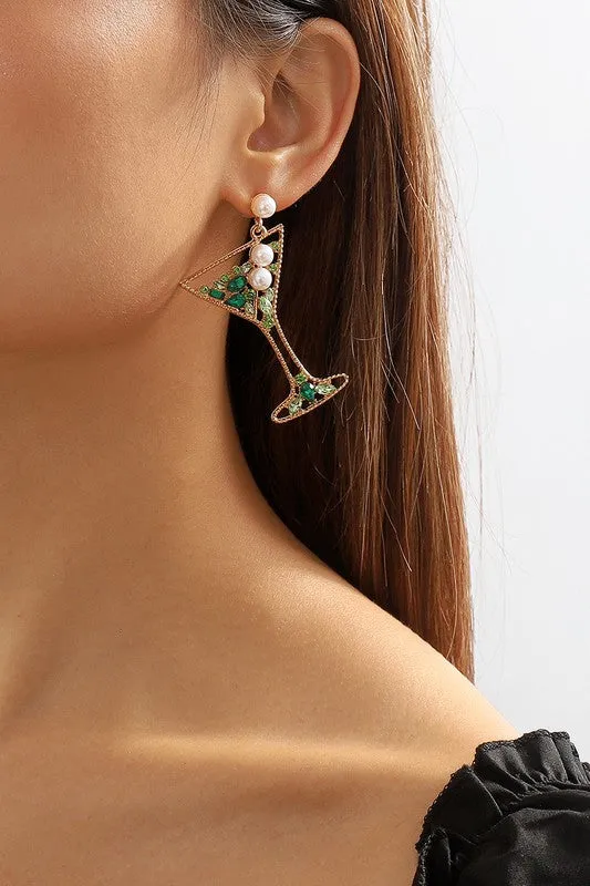 Cocktail Glass Rhinestone Drop Earrings