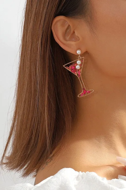 Cocktail Glass Rhinestone Drop Earrings