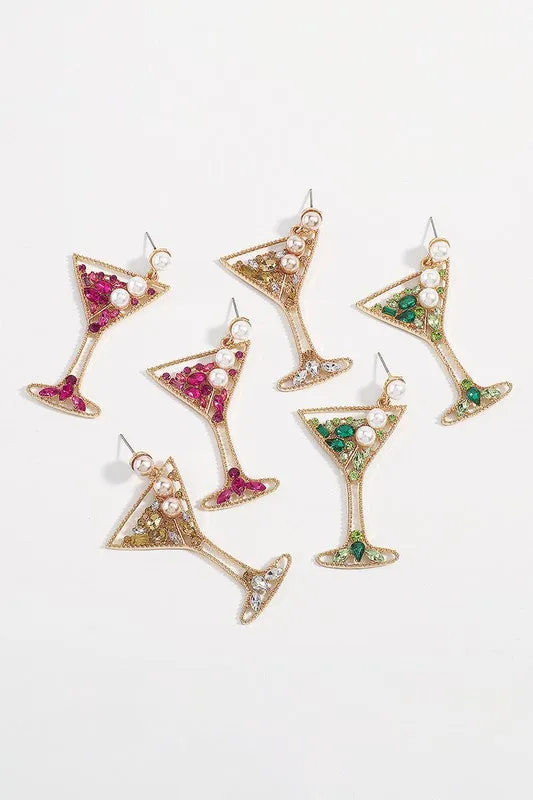 Cocktail Glass Rhinestone Drop Earrings