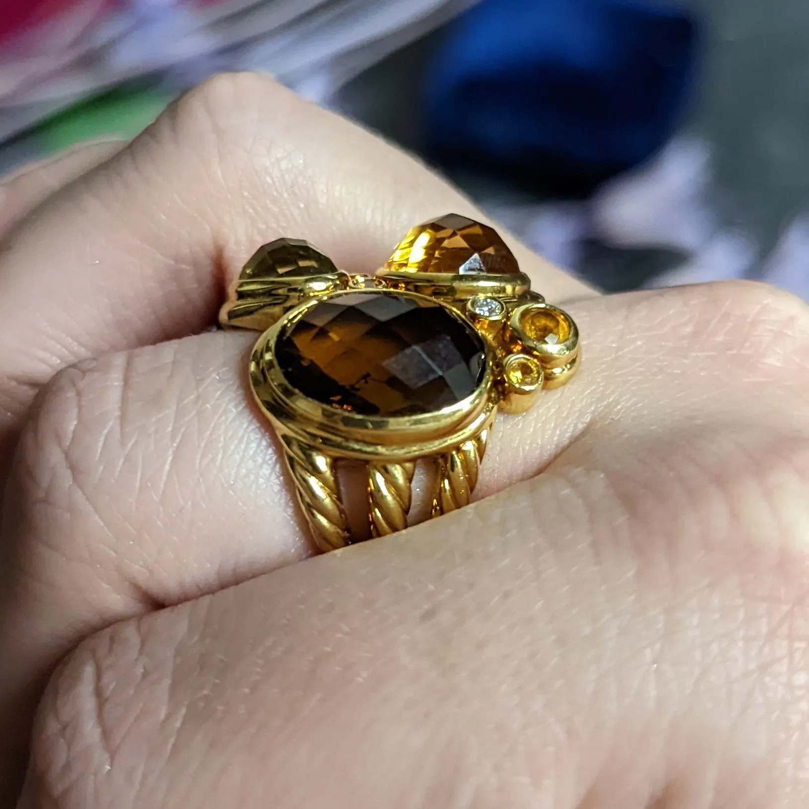 David Yurman Topaz Citrine Multi-Gem 18 Karat Gold Mosaic Cluster Ring