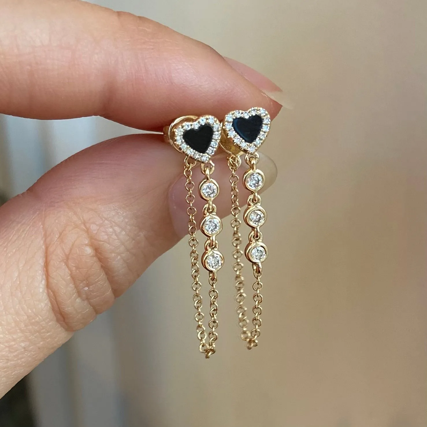 Diamond and Black Onyx Heart Chain Earrings