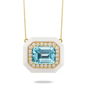 Doves Mykonos Blue Topaz & White Agate Diamond Necklace Pendant 18K Gold