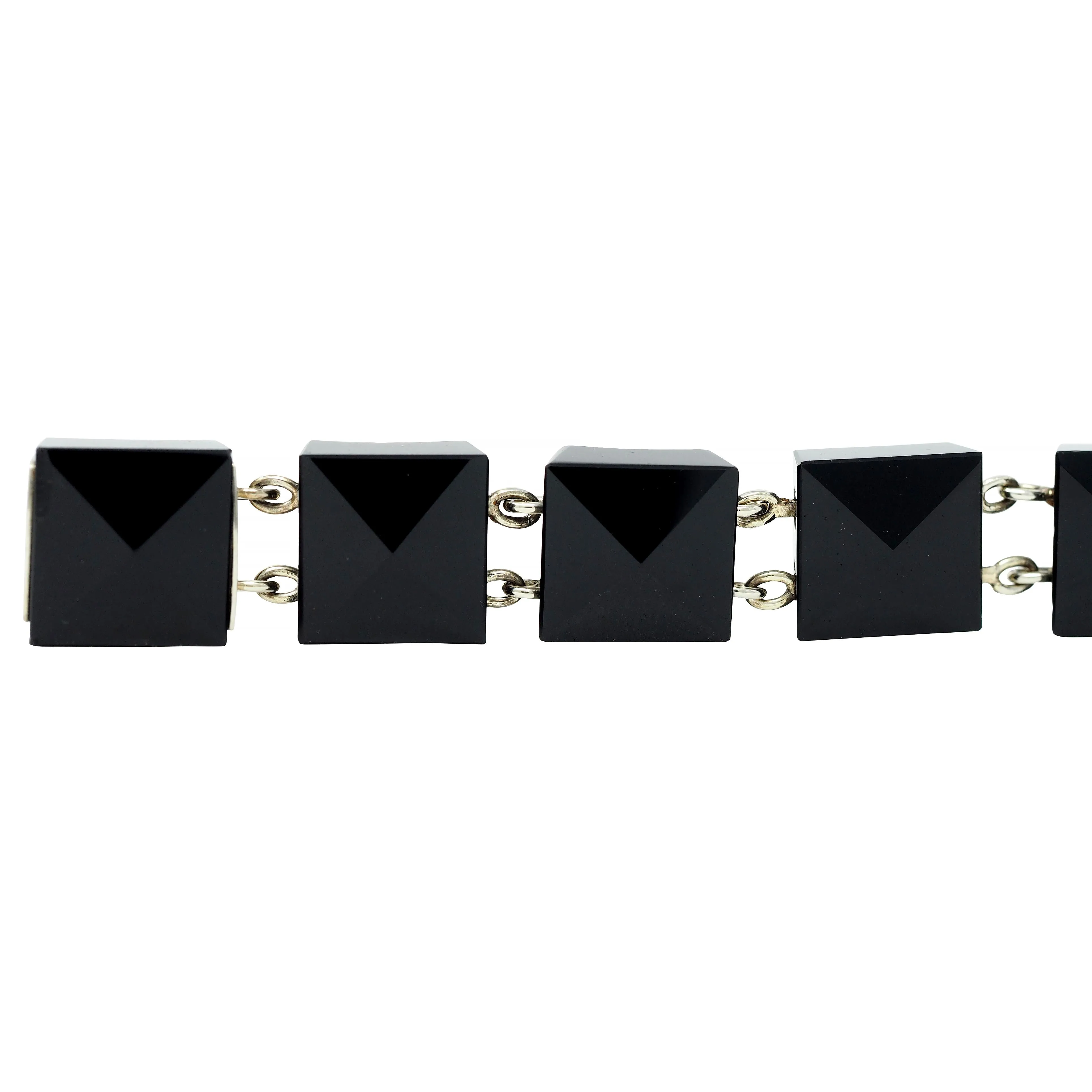 Early Art Deco Faceted Black Onyx 18 Karat White Gold Pyramid Link Antique Bracelet