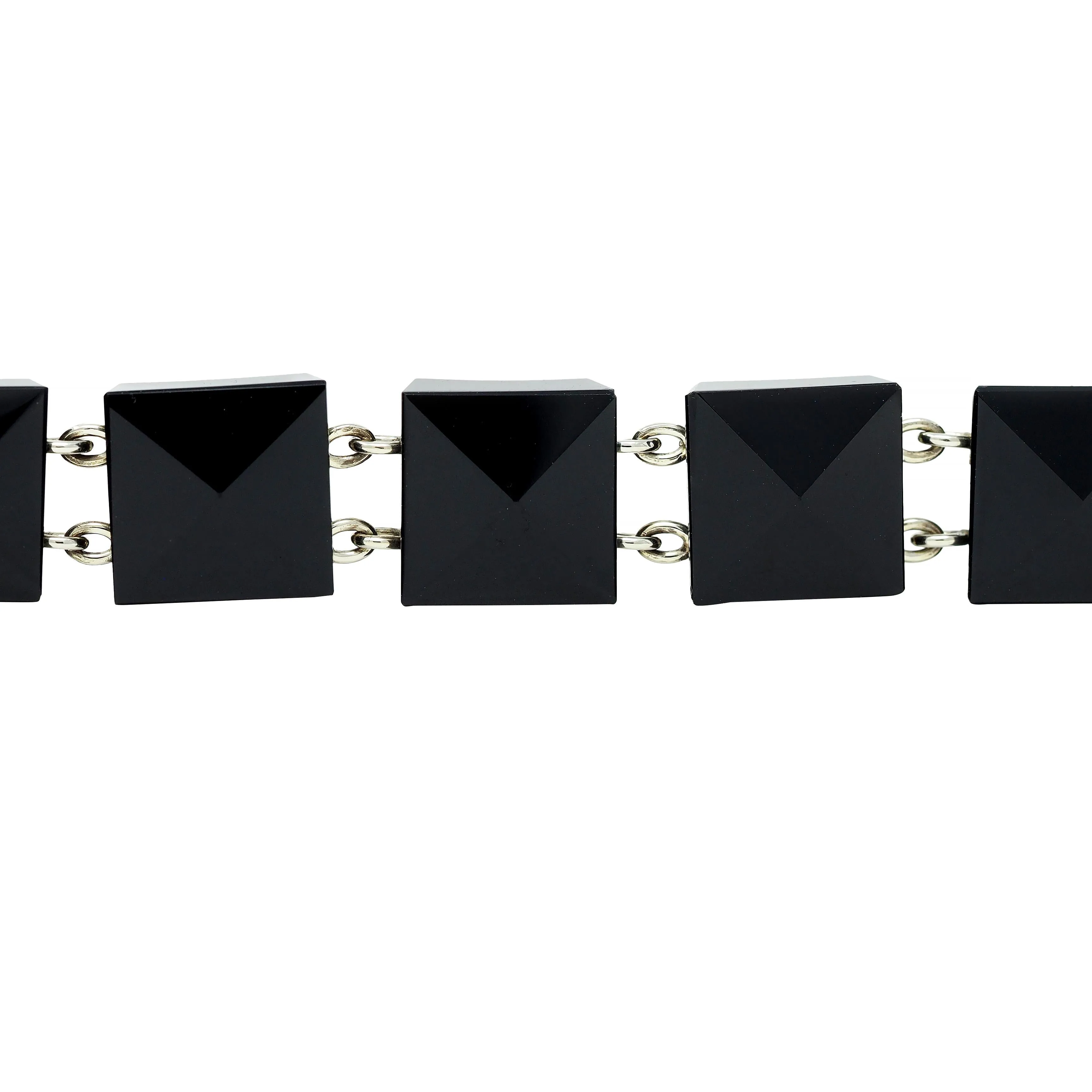 Early Art Deco Faceted Black Onyx 18 Karat White Gold Pyramid Link Antique Bracelet