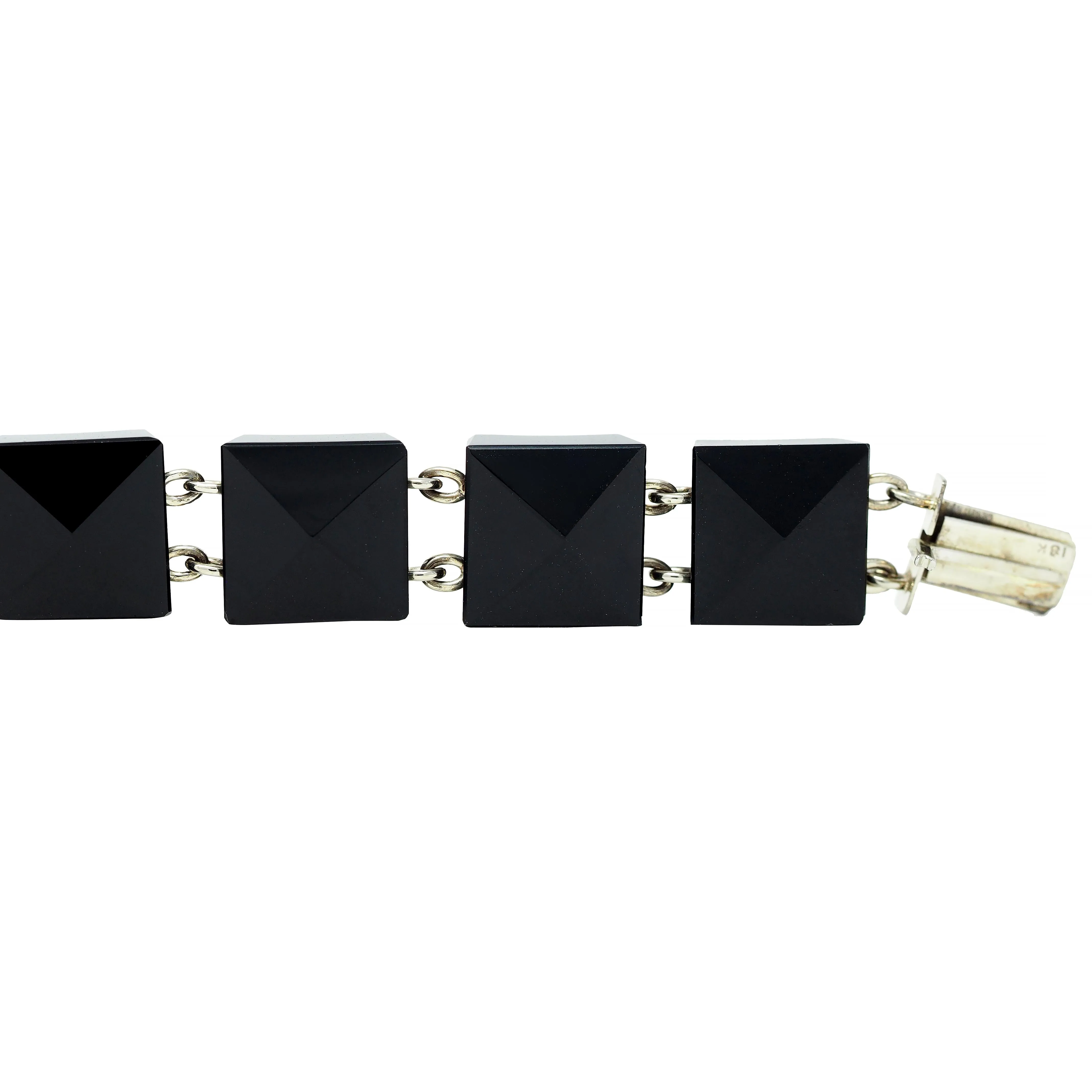 Early Art Deco Faceted Black Onyx 18 Karat White Gold Pyramid Link Antique Bracelet