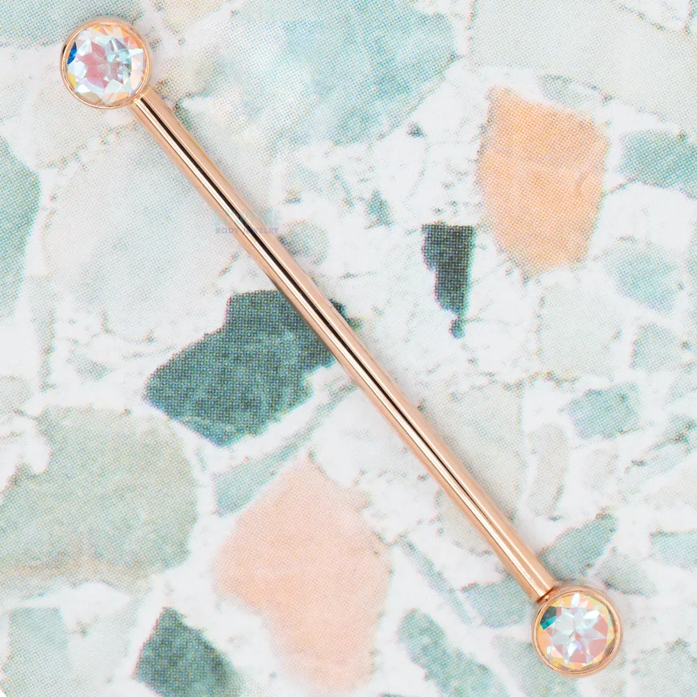 Forward Facing Industrial Barbell in Gold with Mercury Mist Topaz'