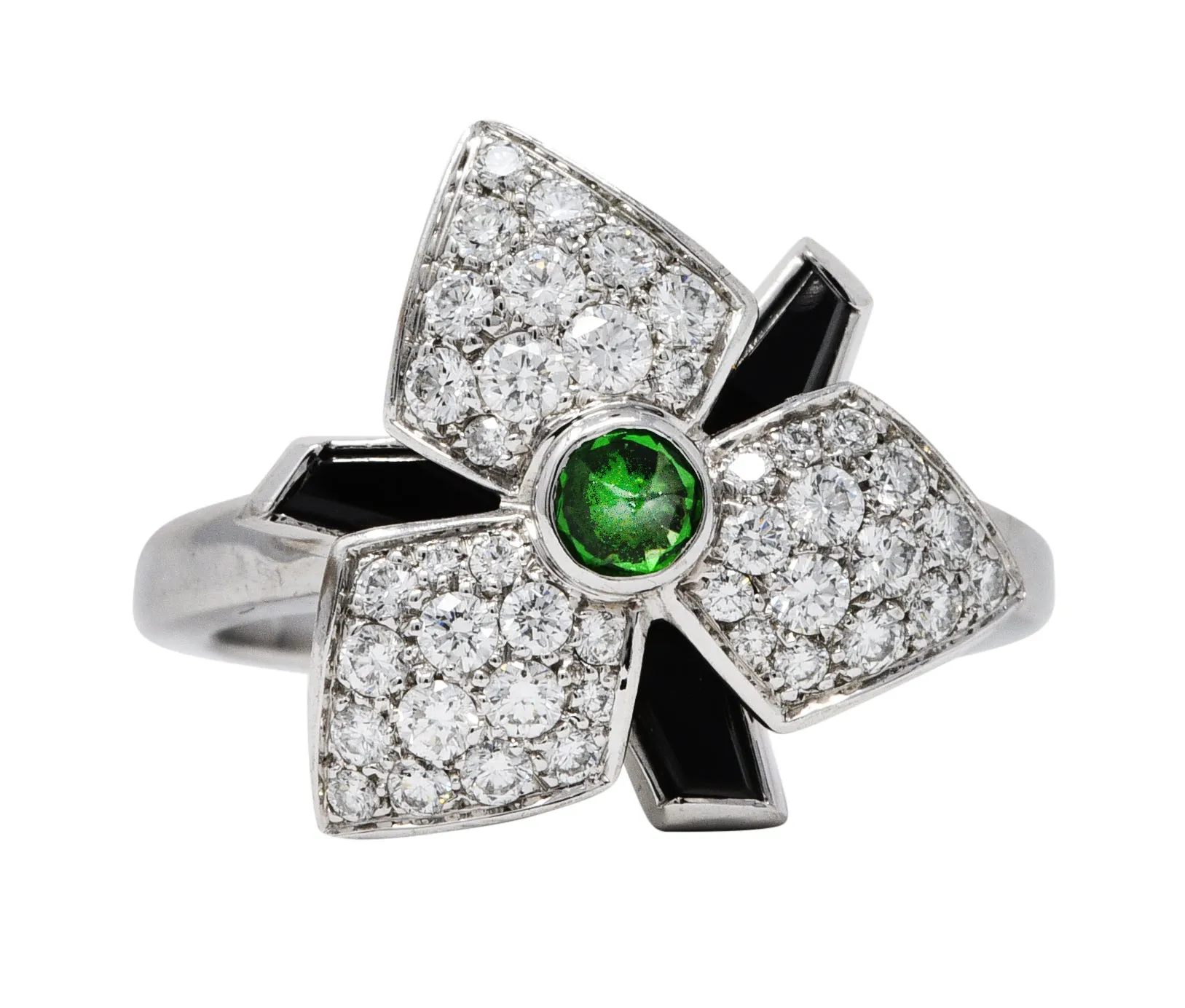 French Cartier Diamond Onyx Tsavorite Garnet 18 Karat White Gold Caresse D'Orchidees Ring