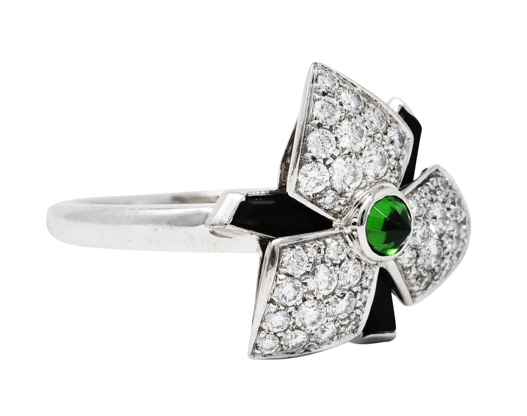 French Cartier Diamond Onyx Tsavorite Garnet 18 Karat White Gold Caresse D'Orchidees Ring