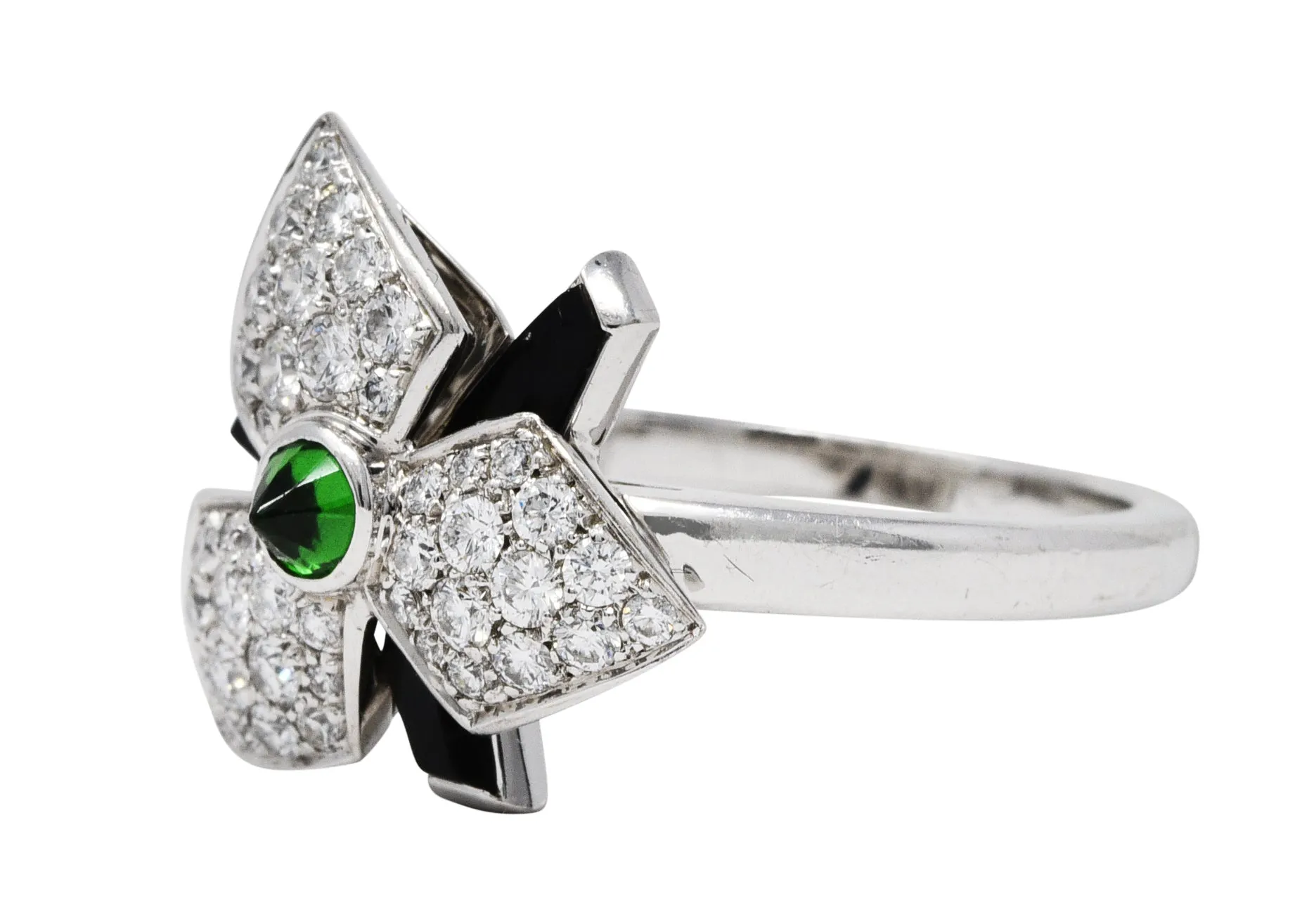 French Cartier Diamond Onyx Tsavorite Garnet 18 Karat White Gold Caresse D'Orchidees Ring