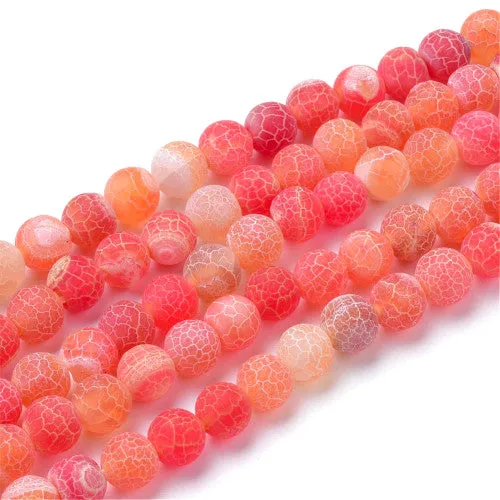 Gemstone Beads, Agate, Natural, Round, (Dyed), Frosted, Crackle, Orange, 8mm