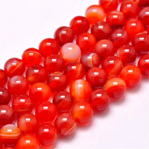 Gemstone Beads, Banded Agate, Natural, Round, (Dyed), Orange, Red, 6mm