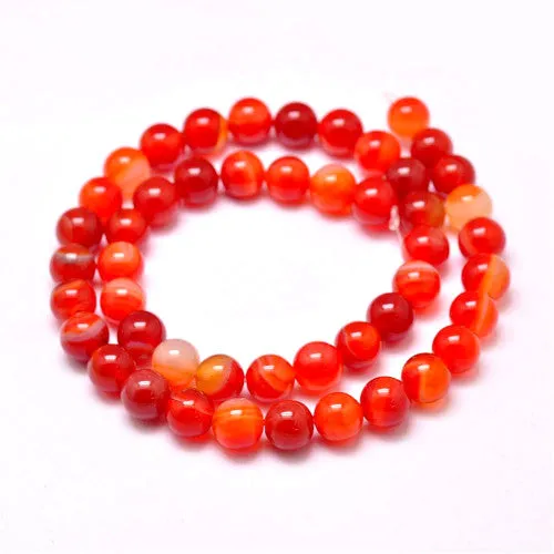 Gemstone Beads, Banded Agate, Natural, Round, (Dyed), Orange, Red, 6mm