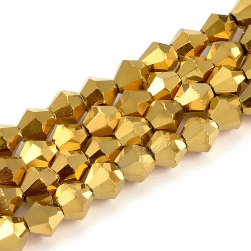 Glass Beads, Electroplated, Faceted, Bicone, Top Drilled, Metalized, Gold Plated, 4mm