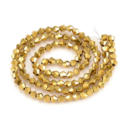 Glass Beads, Electroplated, Faceted, Bicone, Top Drilled, Metalized, Gold Plated, 4mm