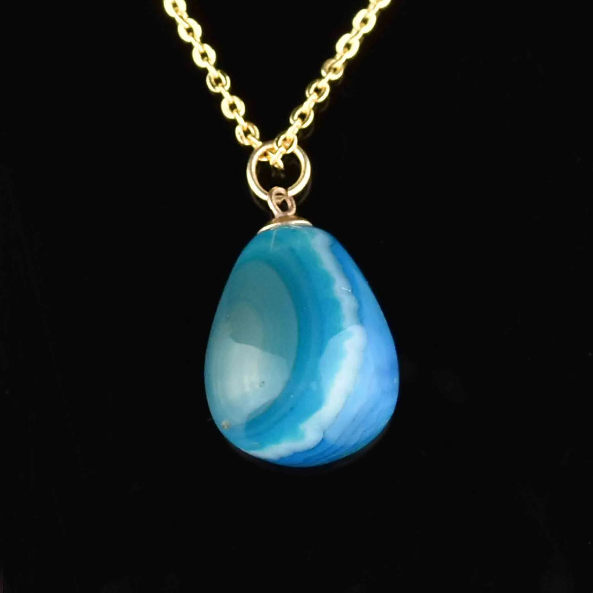 Gold Blue Agate Egg Pendant Necklace