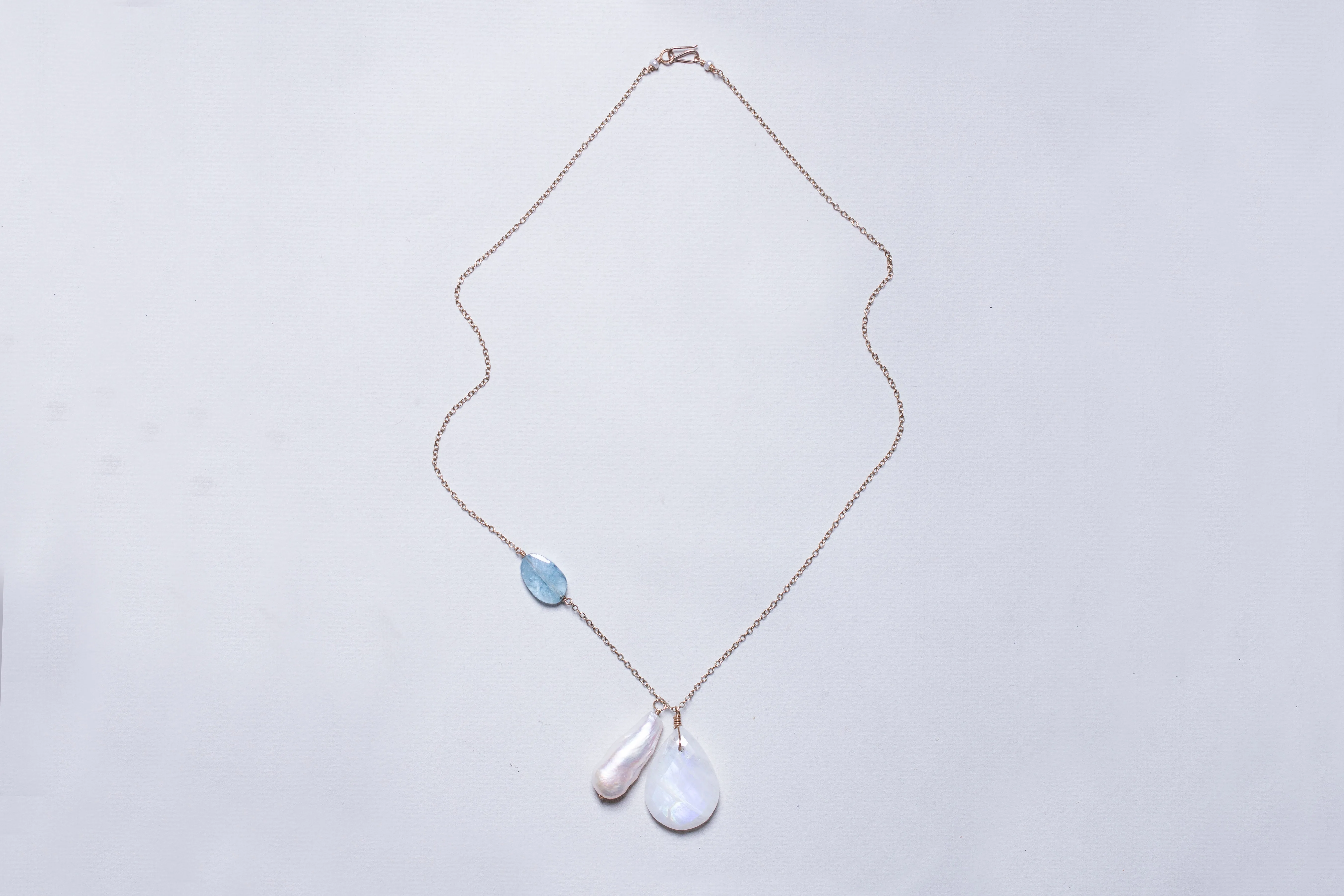 Gold Chain Necklace with Moonstone, Baroque Long Pearl and Aquamarine