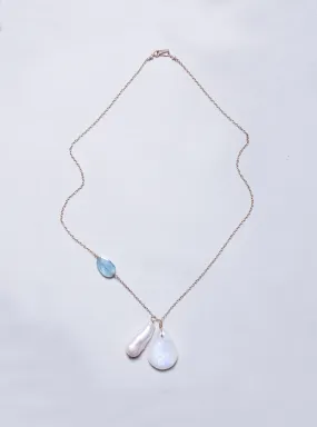 Gold Chain Necklace with Moonstone, Baroque Long Pearl and Aquamarine