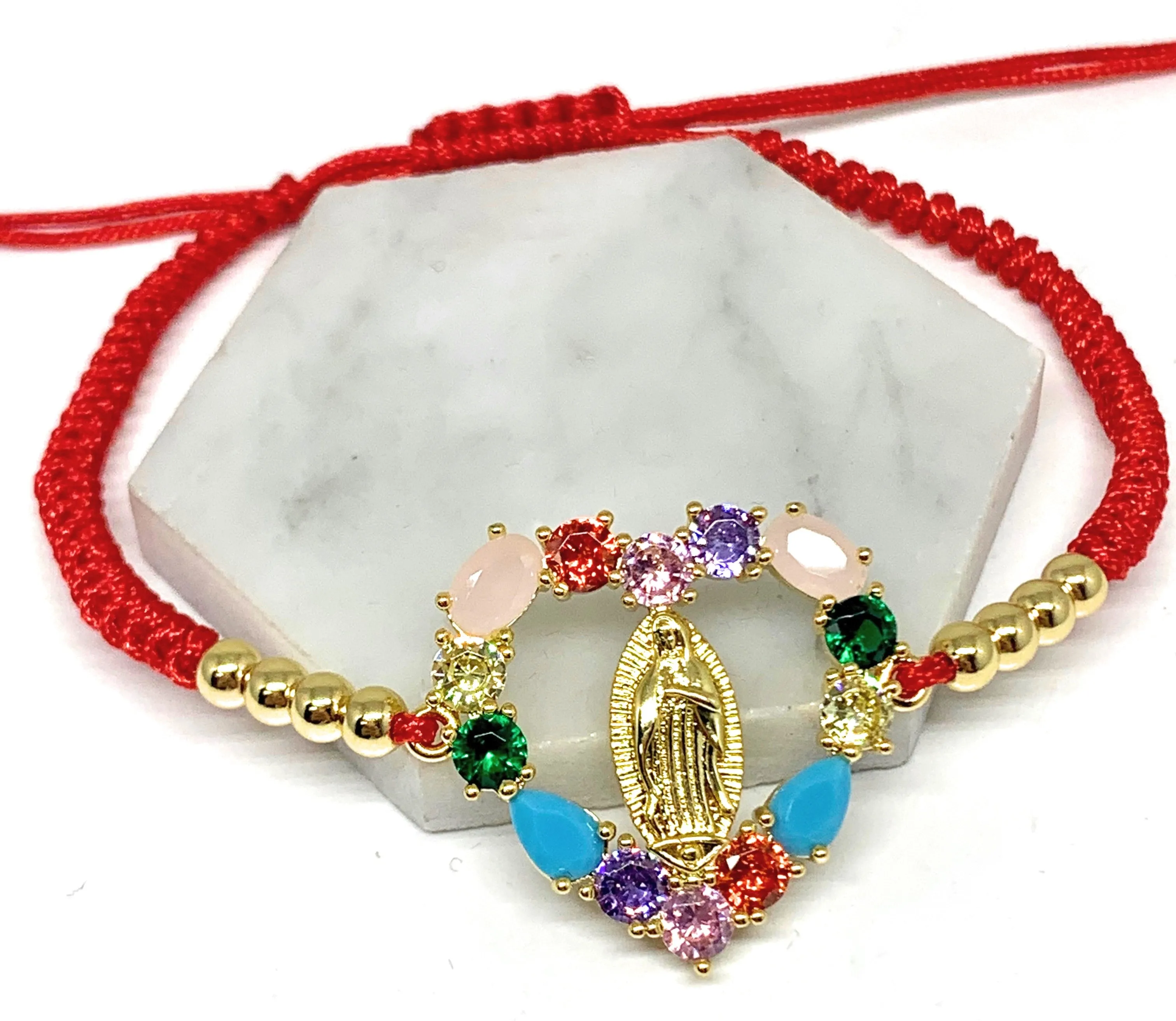 Gold Plated Colorful Rhinestone Heart Virgin Mary Bracelet Virgen De Guadalupe Pulsera 8 Adjustable