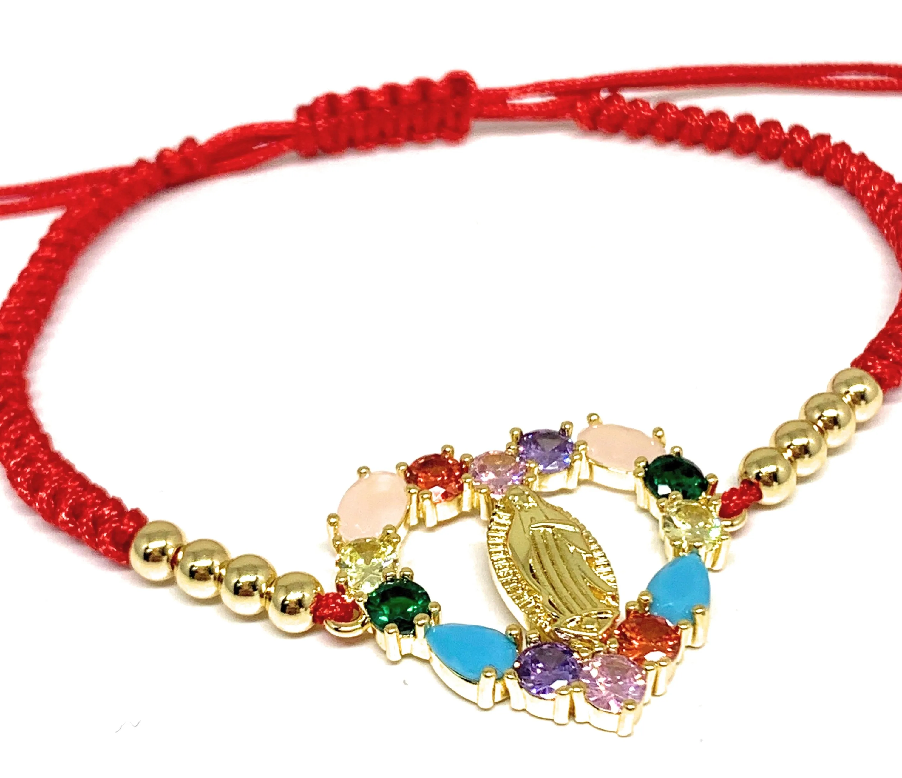 Gold Plated Colorful Rhinestone Heart Virgin Mary Bracelet Virgen De Guadalupe Pulsera 8 Adjustable