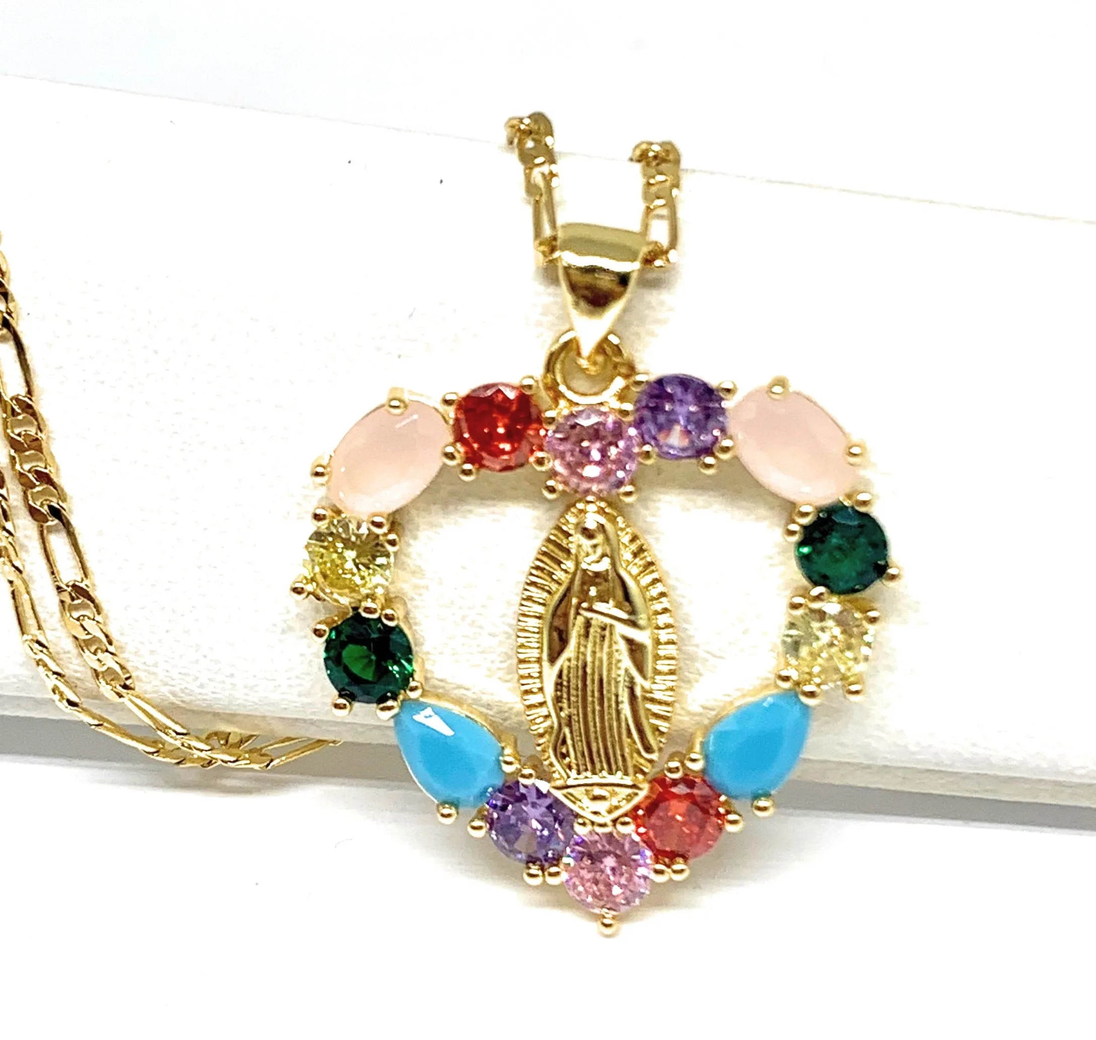 Gold Plated Virgin Mary Colorful Rhinestone Heart Pendant Necklace 20” Virgen de Guadalupe