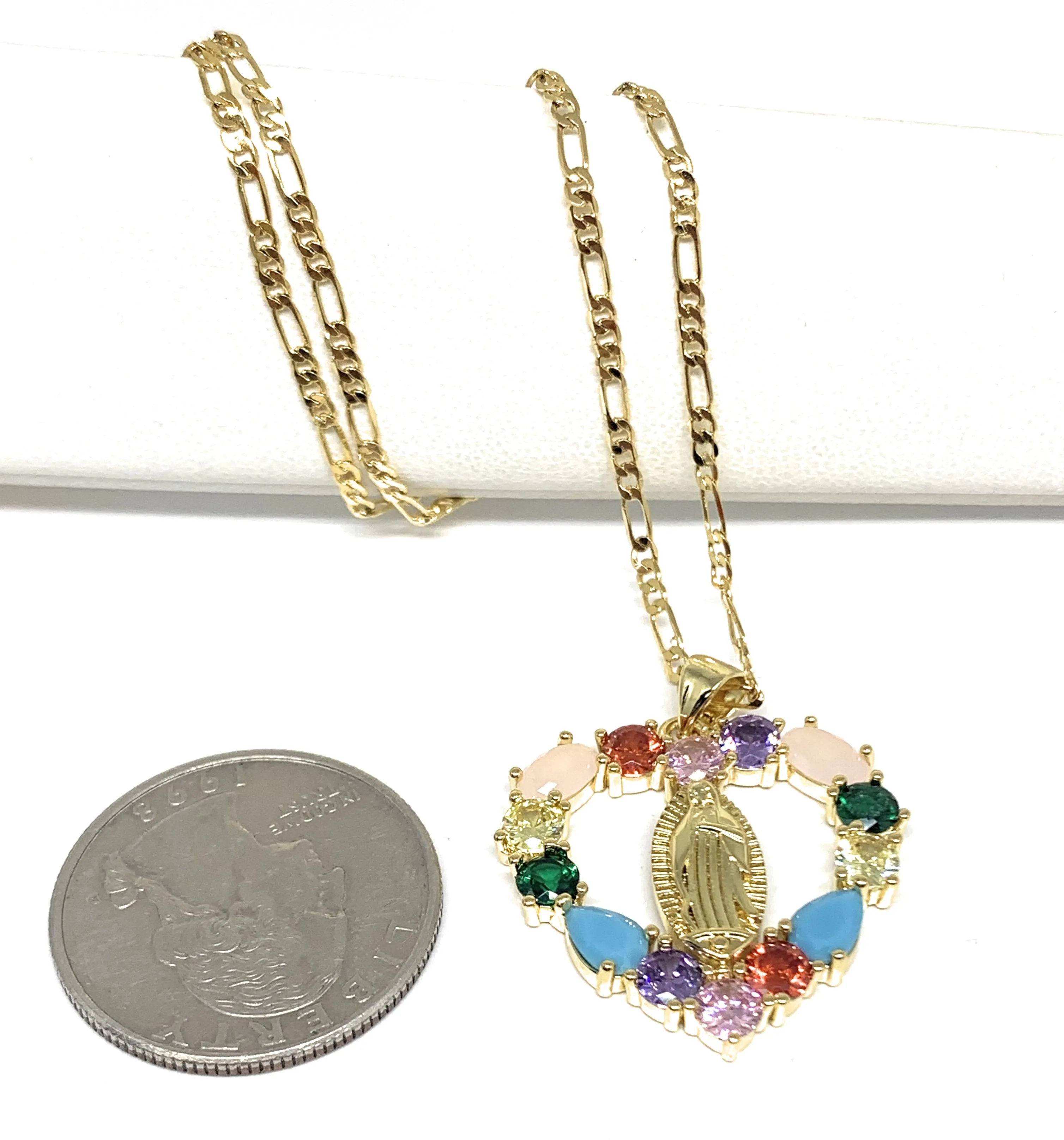 Gold Plated Virgin Mary Colorful Rhinestone Heart Pendant Necklace 20” Virgen de Guadalupe