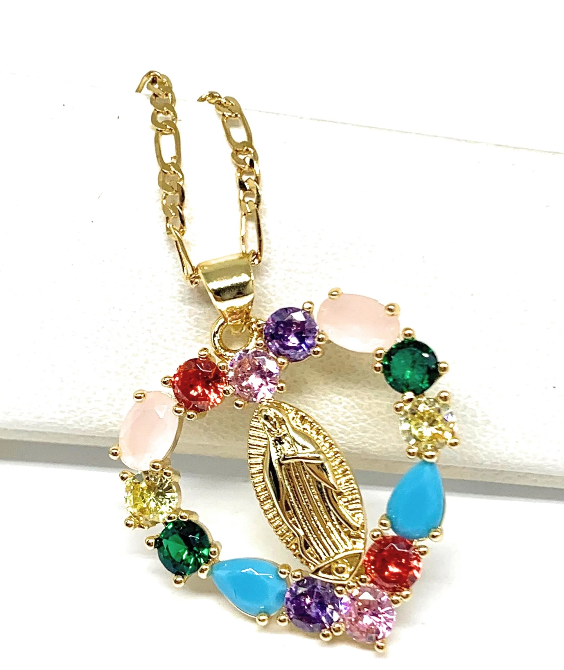 Gold Plated Virgin Mary Colorful Rhinestone Heart Pendant Necklace 20” Virgen de Guadalupe