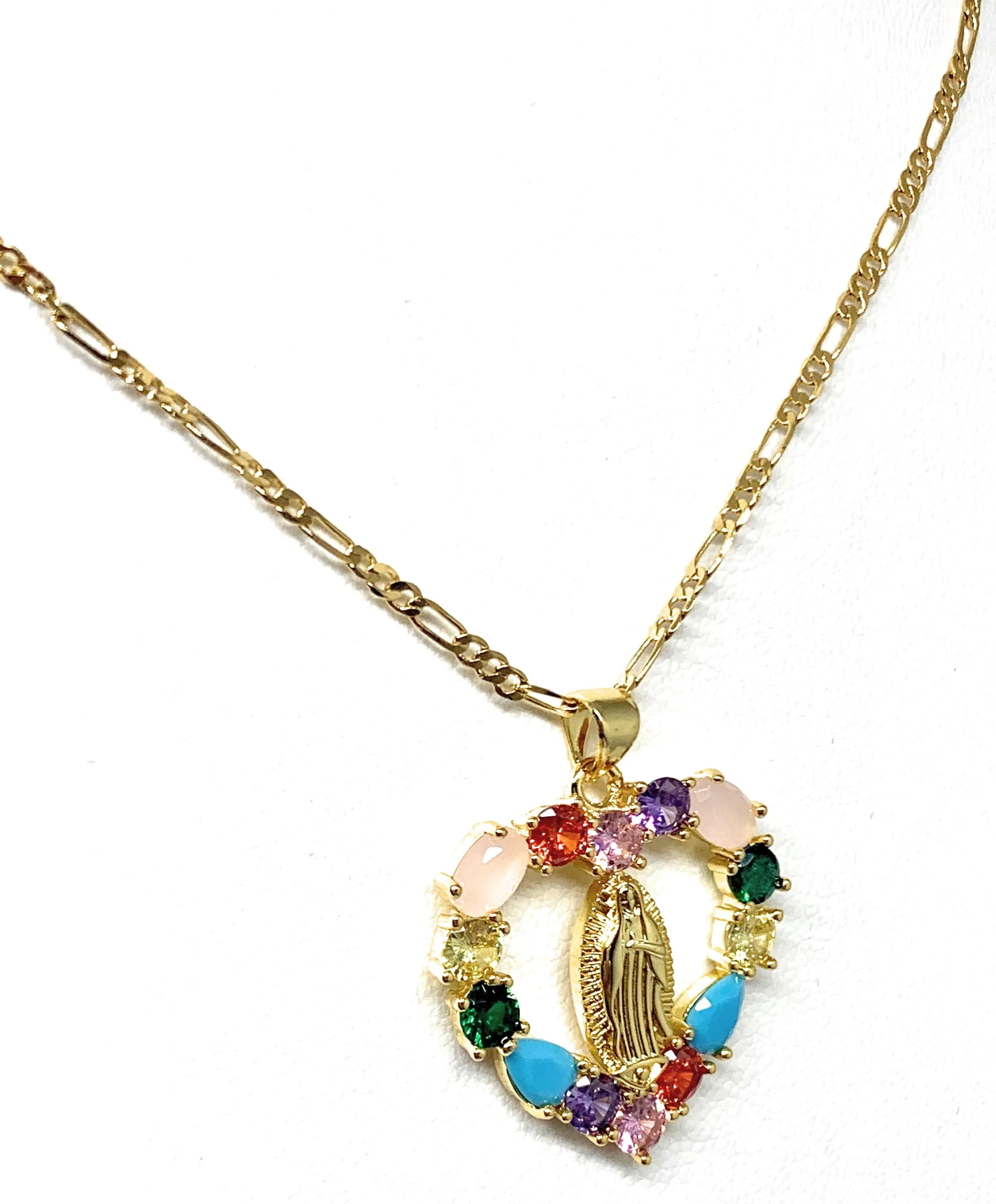 Gold Plated Virgin Mary Colorful Rhinestone Heart Pendant Necklace 20” Virgen de Guadalupe