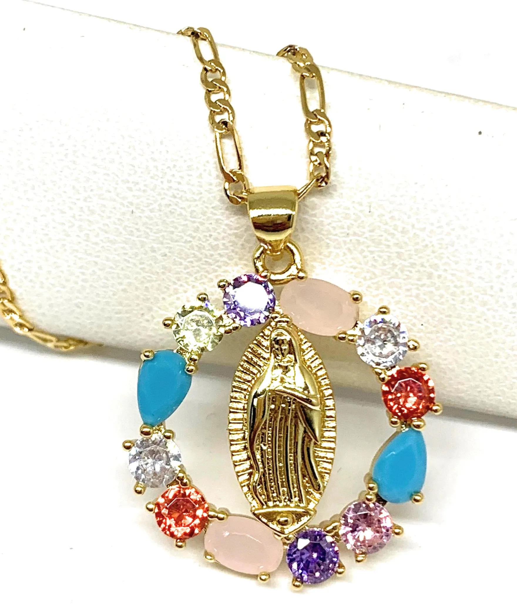 Gold Plated Virgin Mary Colorful Rhinestone Round Pendant Necklace 20” Virgen de Guadalupe