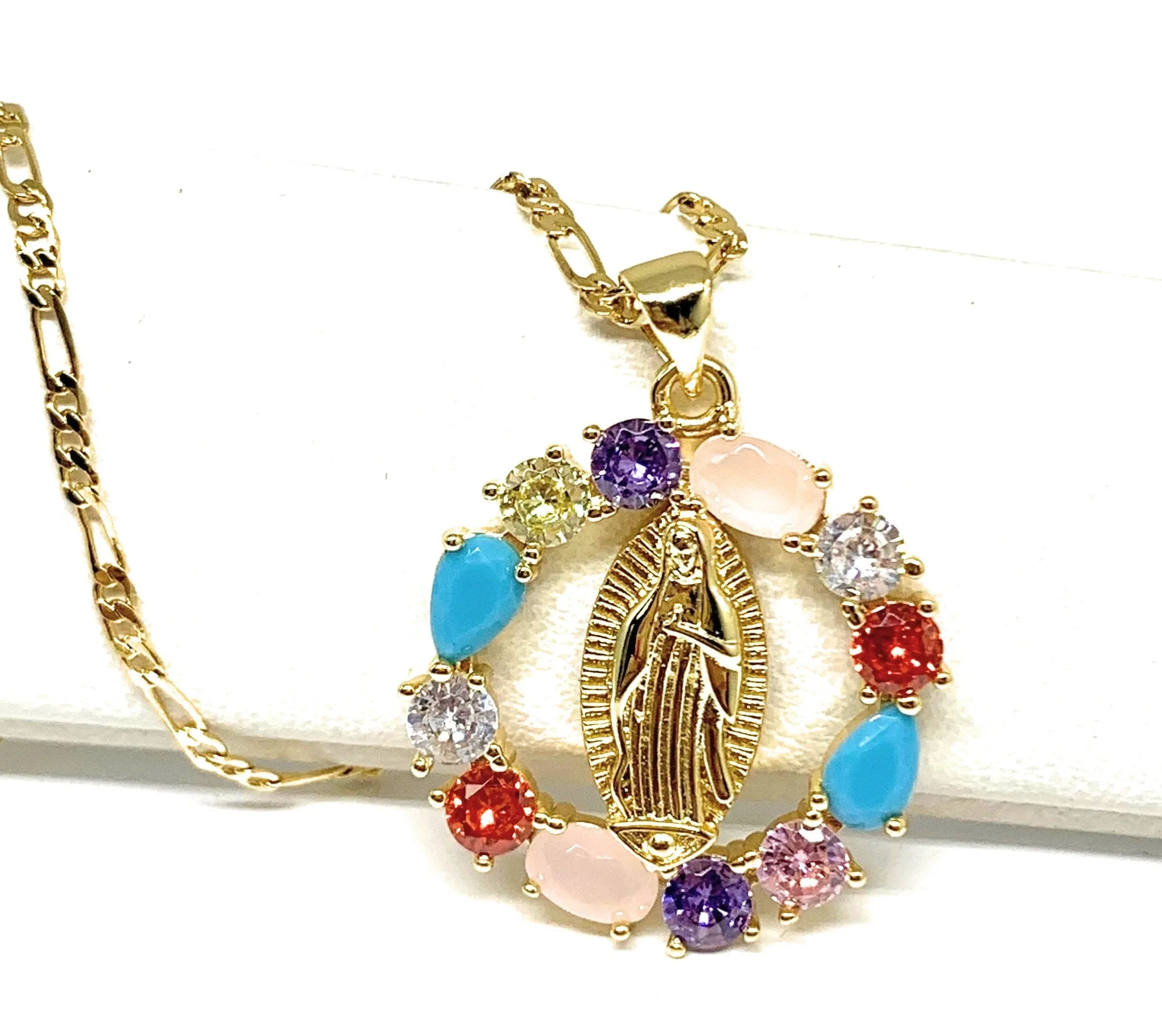 Gold Plated Virgin Mary Colorful Rhinestone Round Pendant Necklace 20” Virgen de Guadalupe