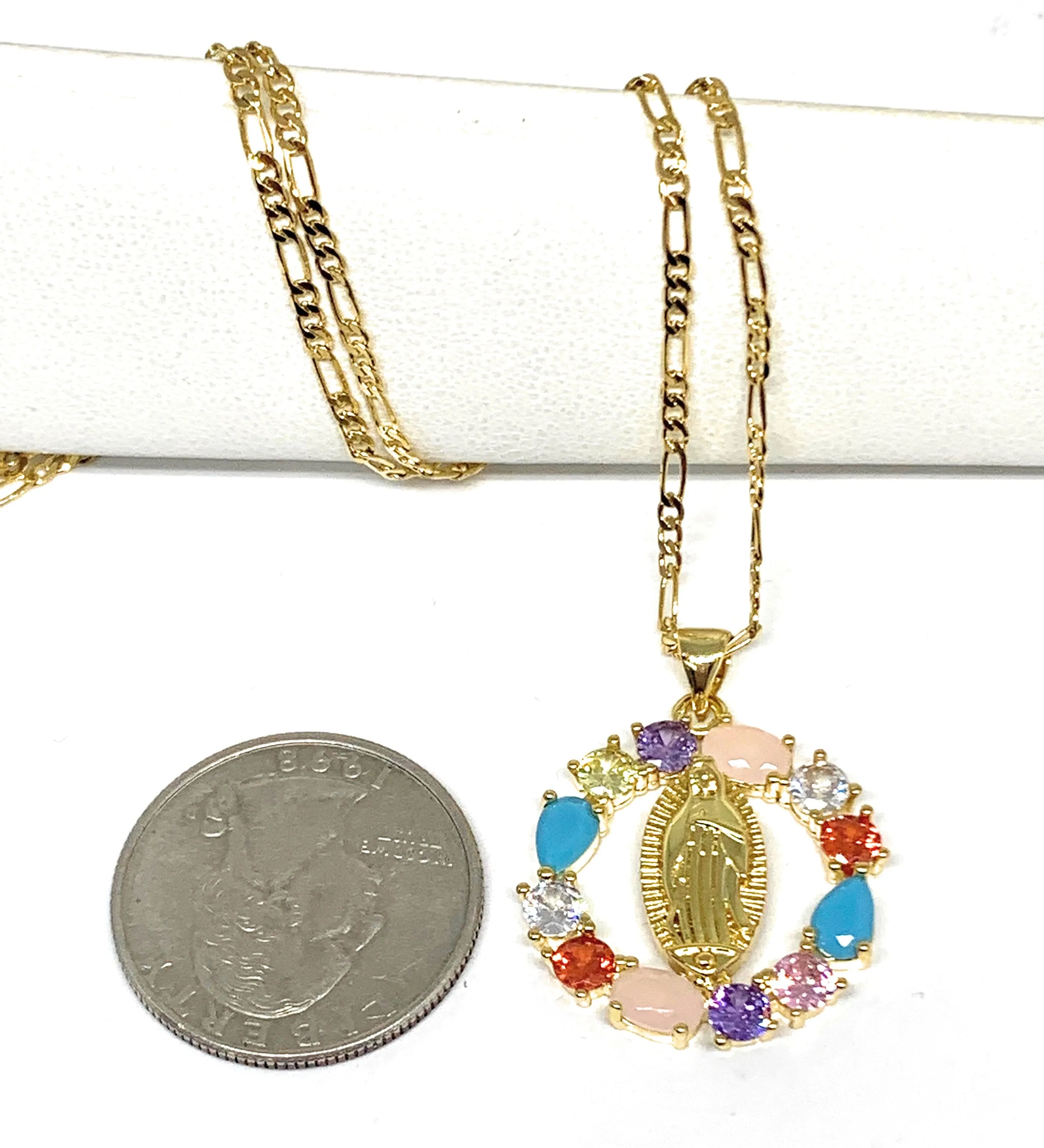 Gold Plated Virgin Mary Colorful Rhinestone Round Pendant Necklace 20” Virgen de Guadalupe