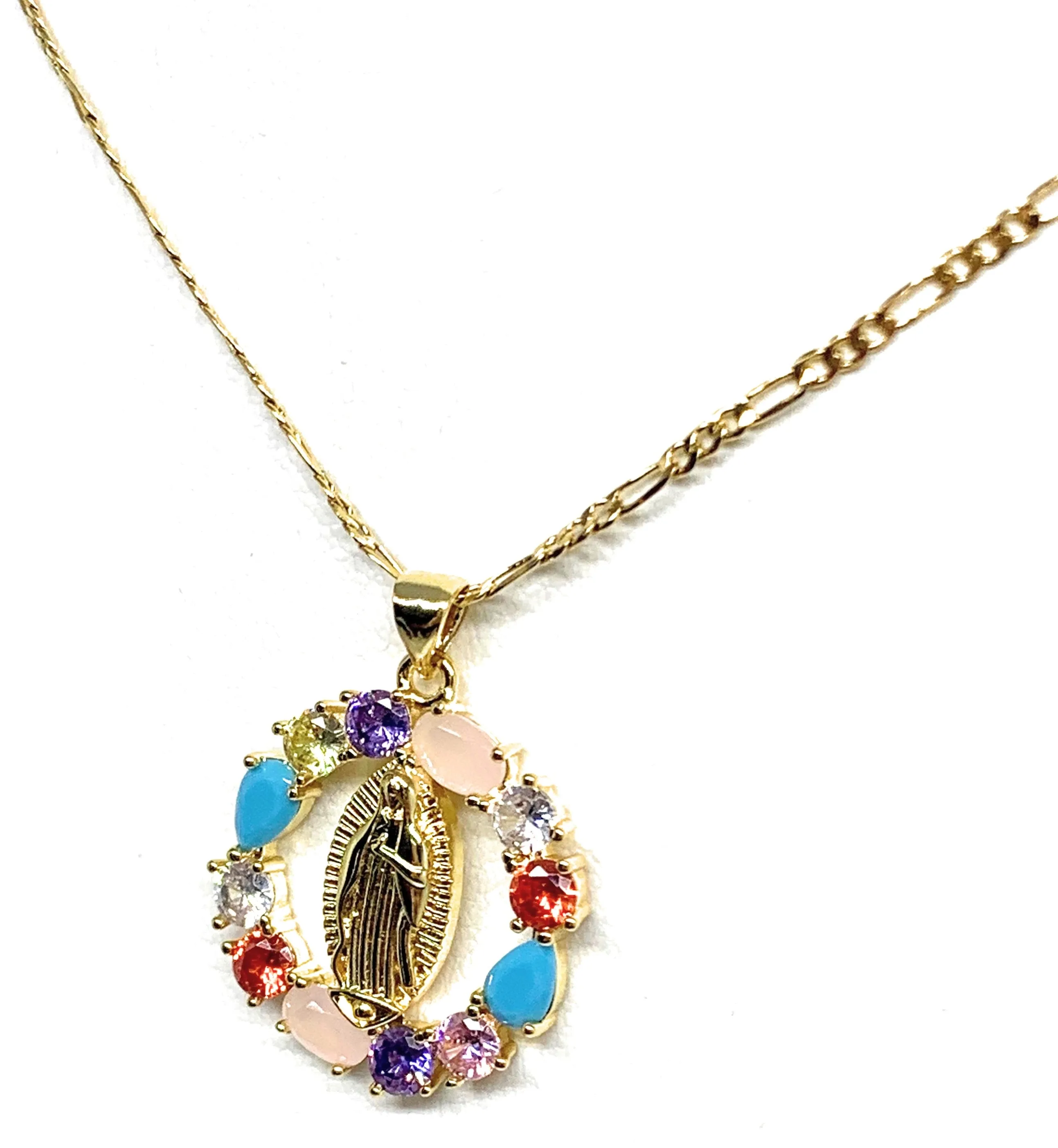 Gold Plated Virgin Mary Colorful Rhinestone Round Pendant Necklace 20” Virgen de Guadalupe