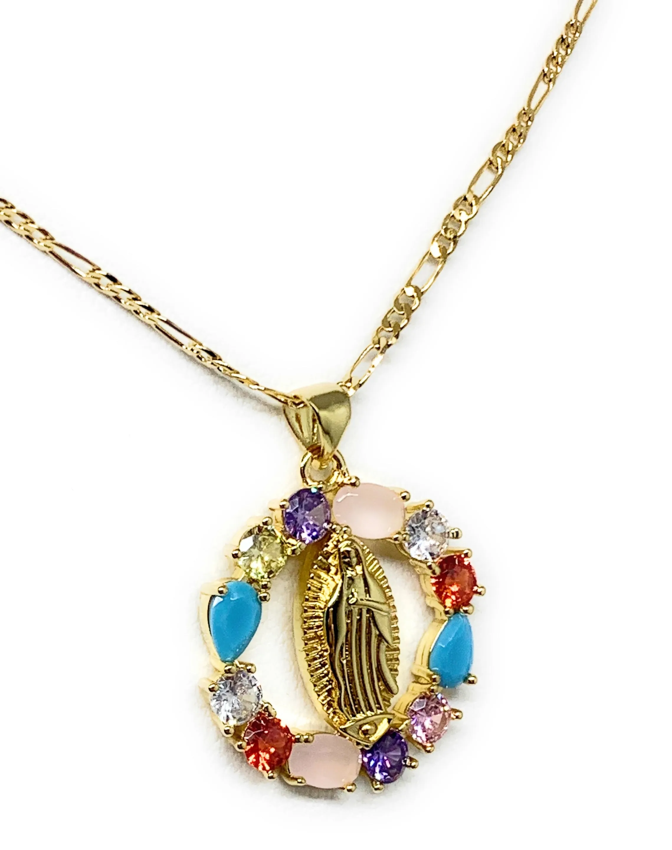 Gold Plated Virgin Mary Colorful Rhinestone Round Pendant Necklace 20” Virgen de Guadalupe