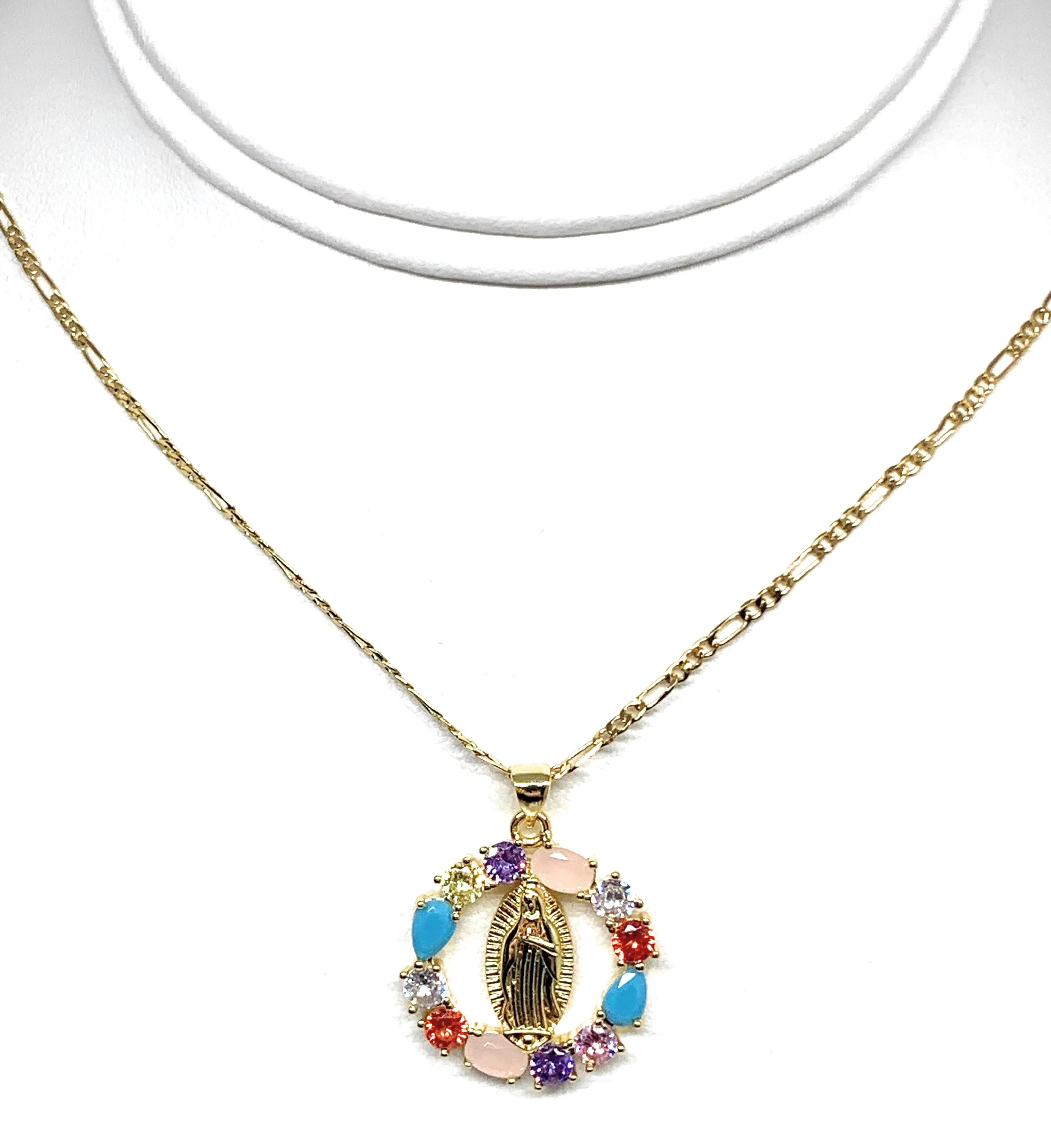 Gold Plated Virgin Mary Colorful Rhinestone Round Pendant Necklace 20” Virgen de Guadalupe