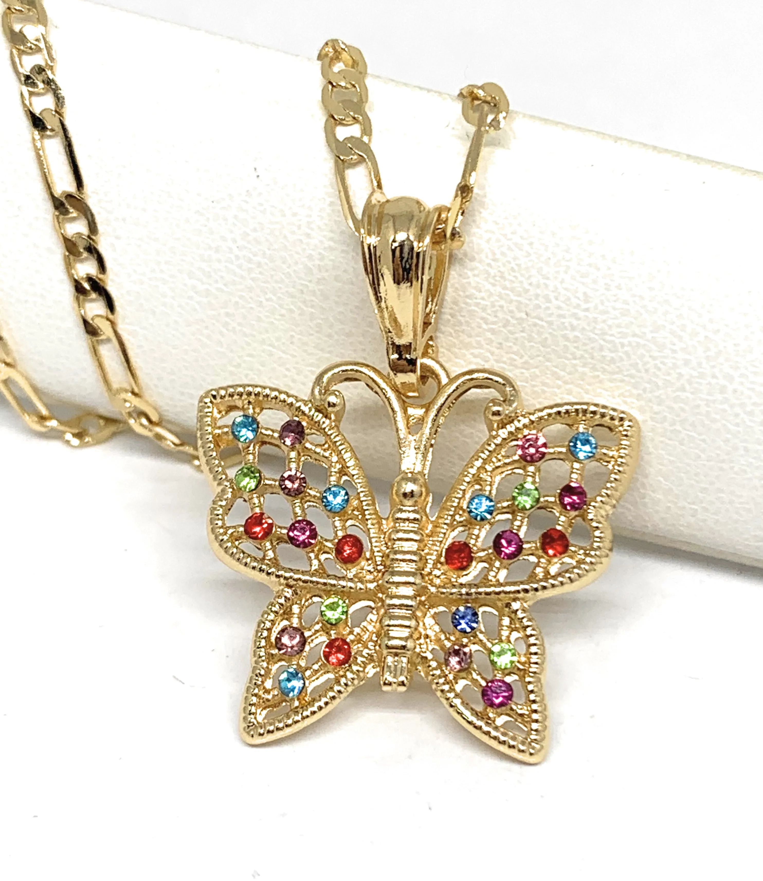 Gold Plated Yellow Colorful Rhinestone Butterfly Pendant Necklace Chain 24”