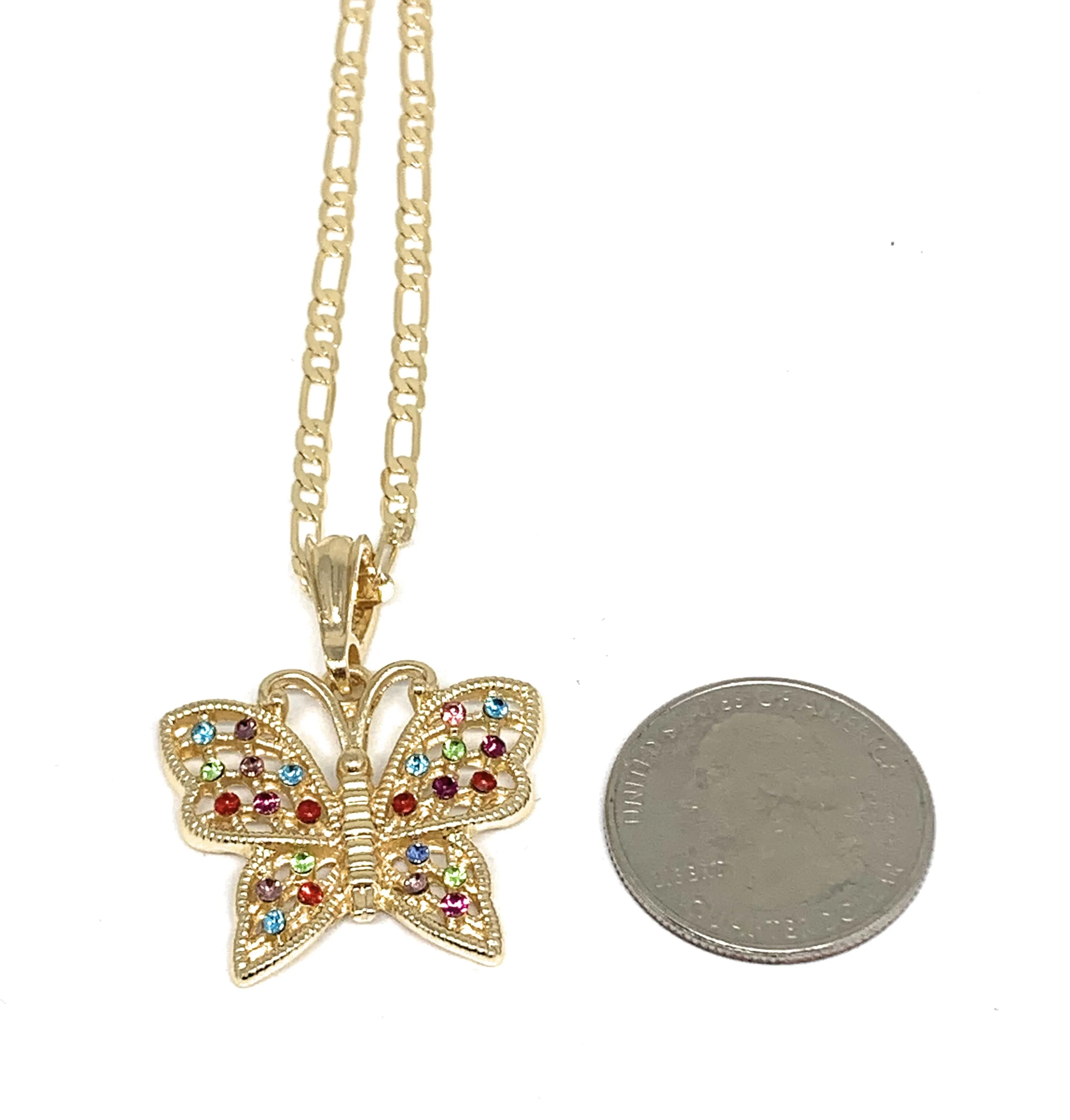 Gold Plated Yellow Colorful Rhinestone Butterfly Pendant Necklace Chain 24”