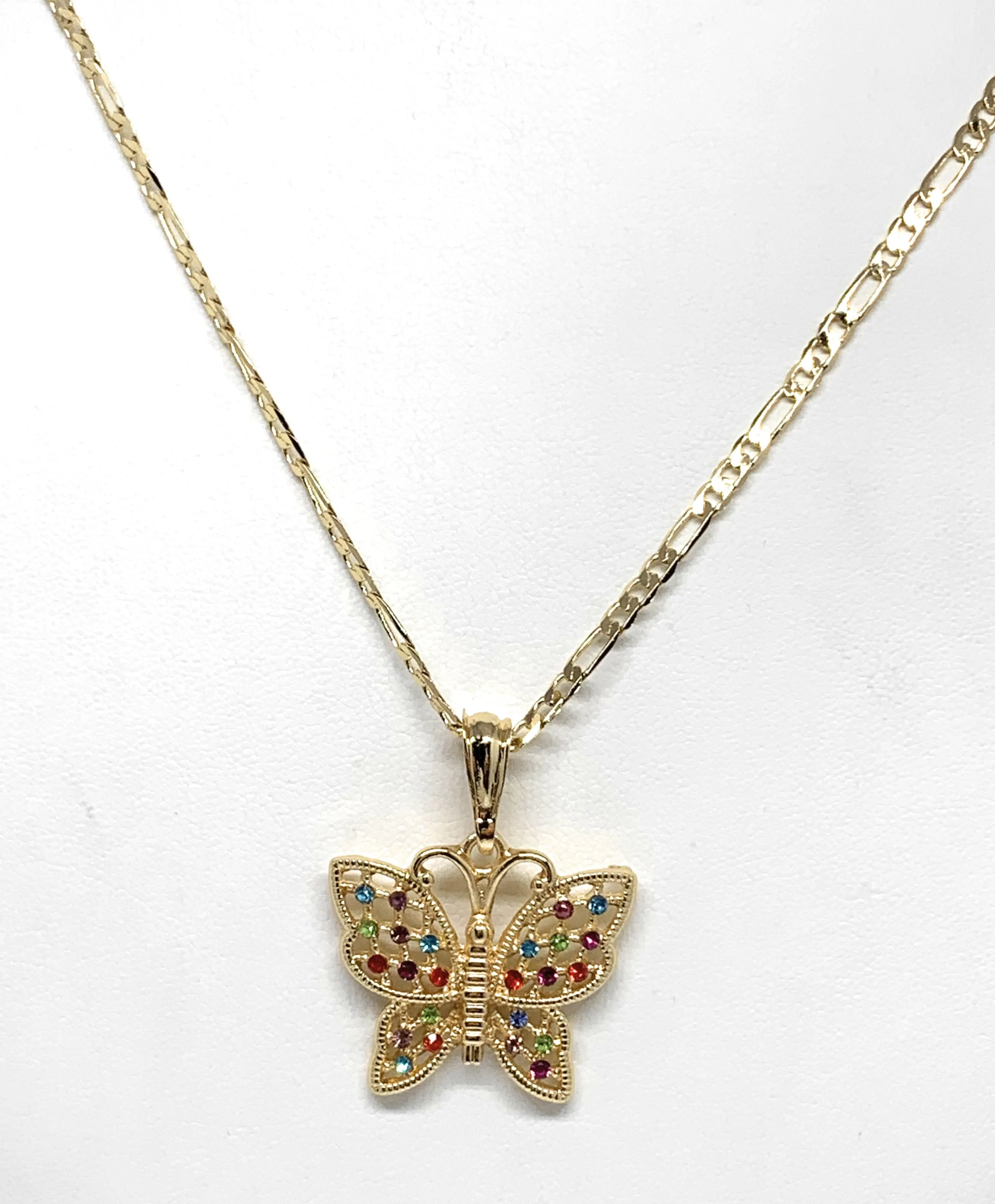 Gold Plated Yellow Colorful Rhinestone Butterfly Pendant Necklace Chain 24”